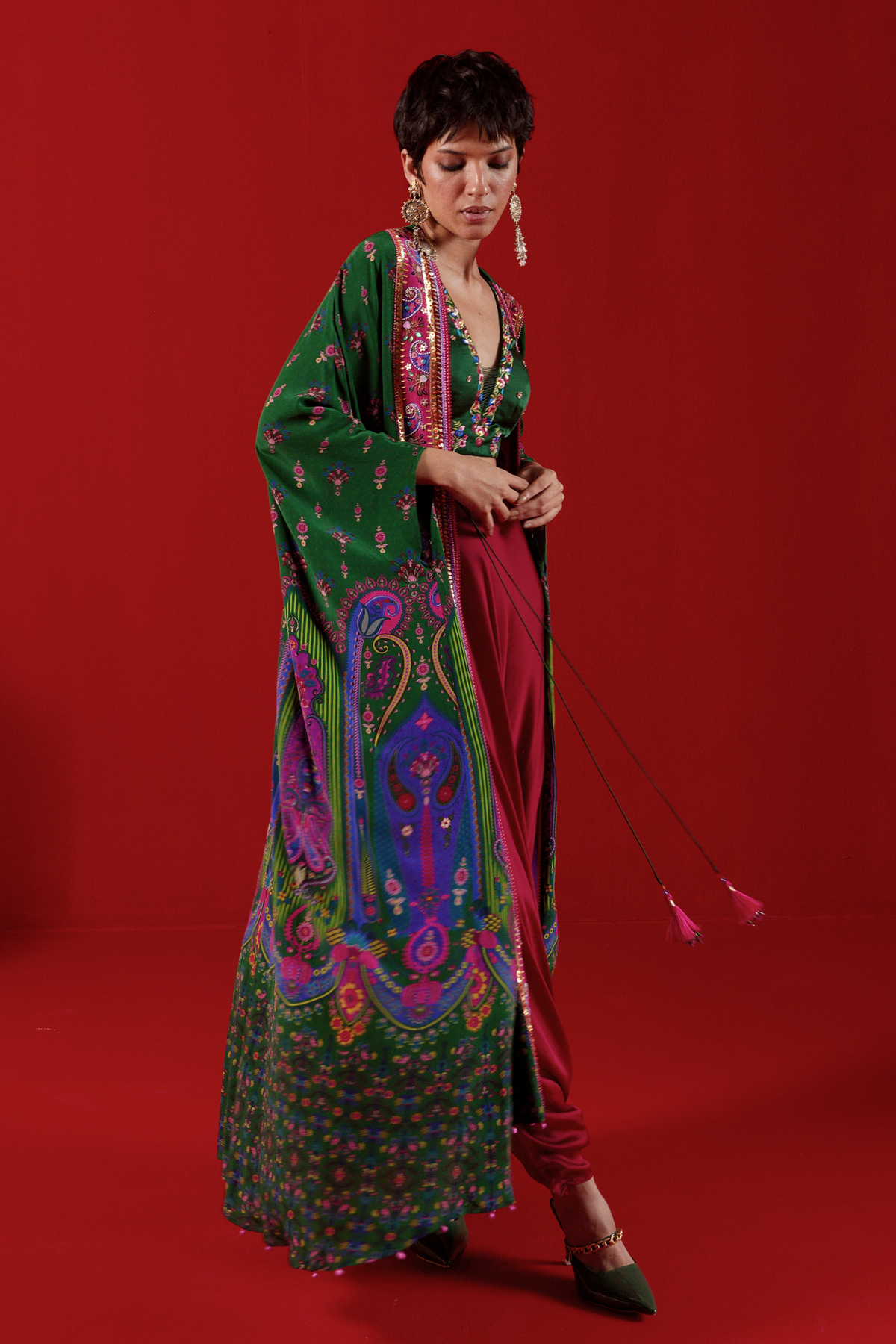 Bottel Green Oversized Embroidred Shrug Set