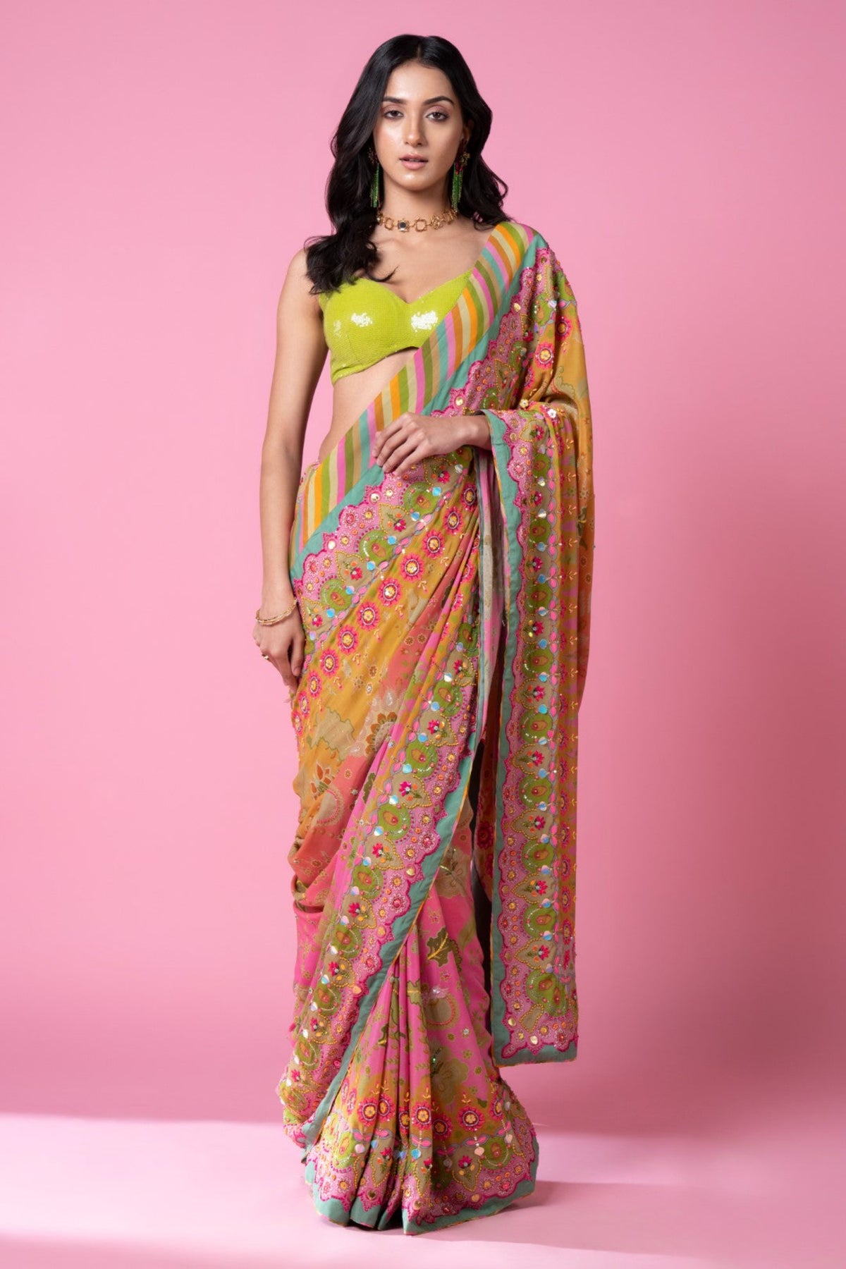 Sunset Orange Ombre Embroidered Saree Set