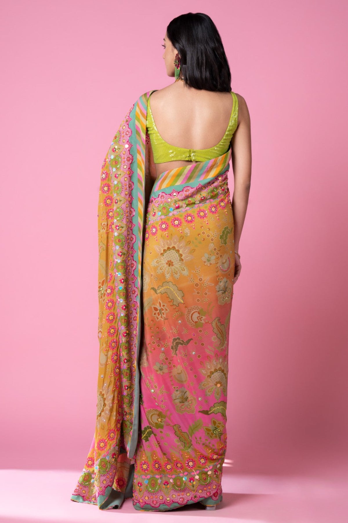 Sunset Orange Ombre Embroidered Saree Set
