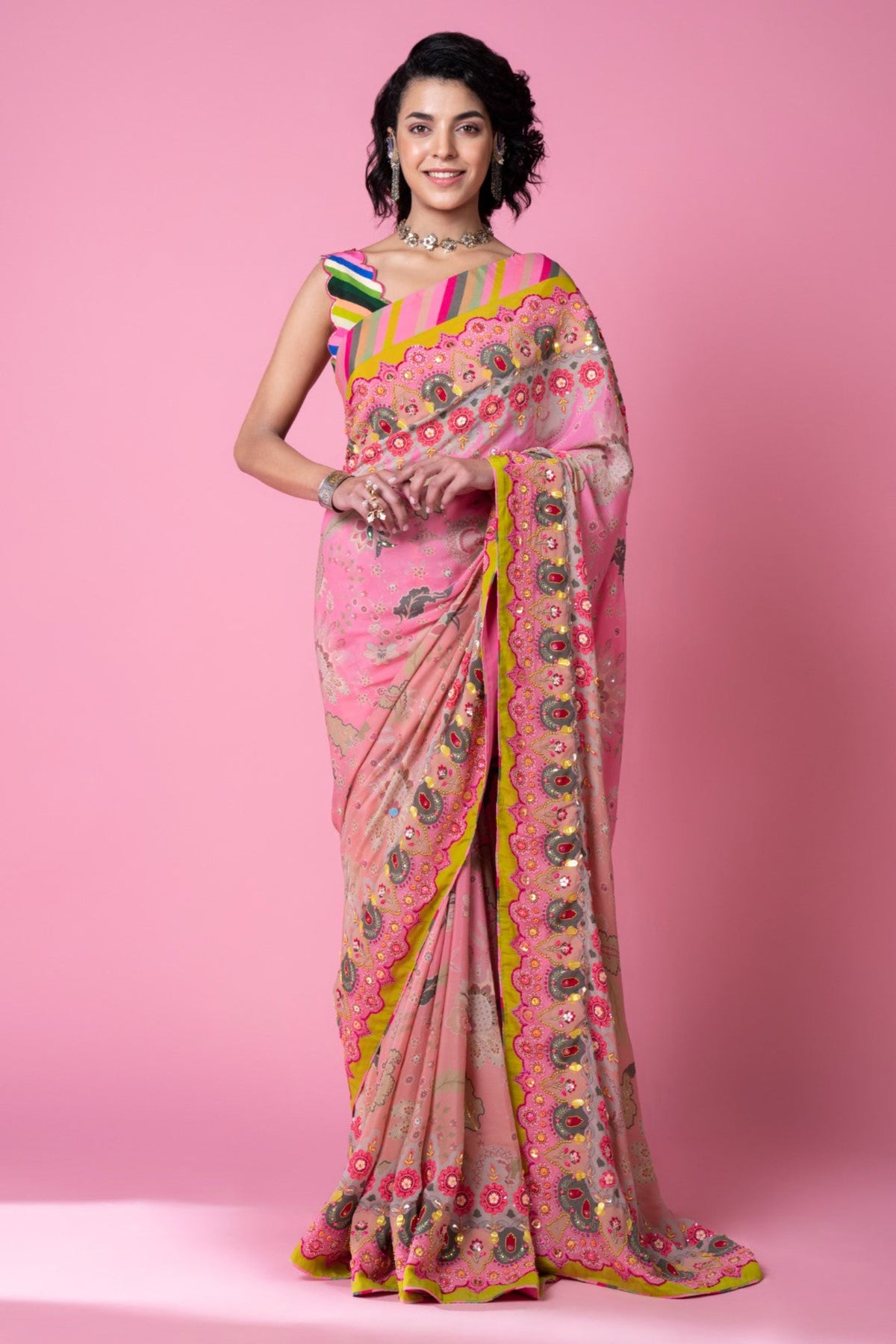 Twilight pink ombre embroidered saree set