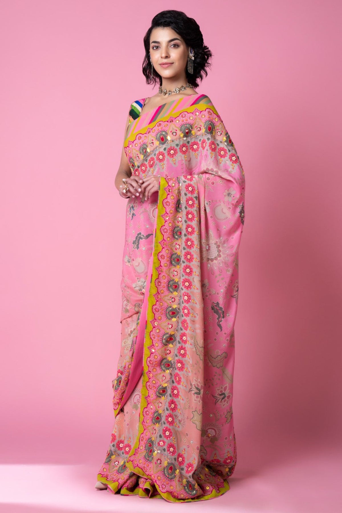 Twilight pink ombre embroidered saree set