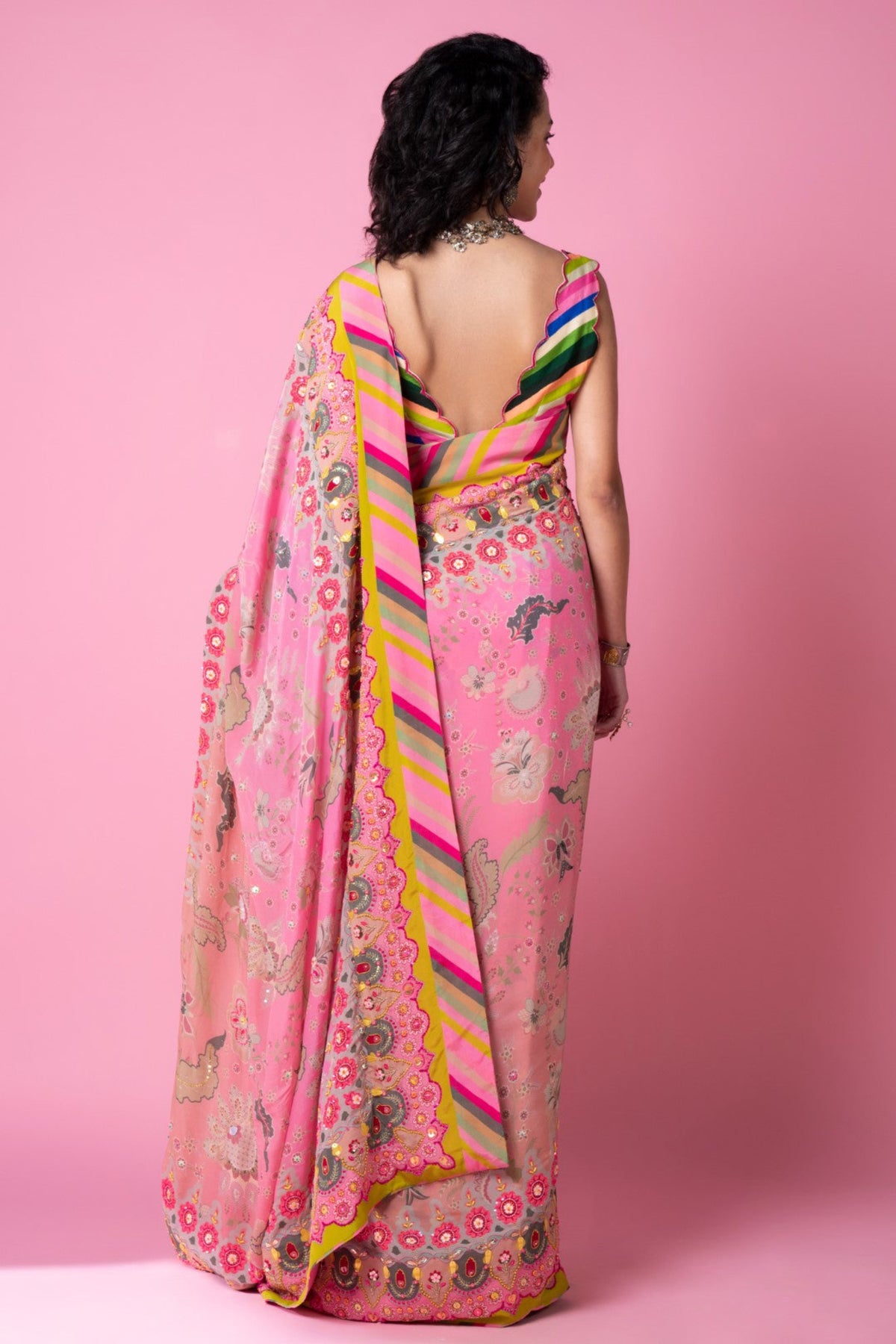 Twilight pink ombre embroidered saree set