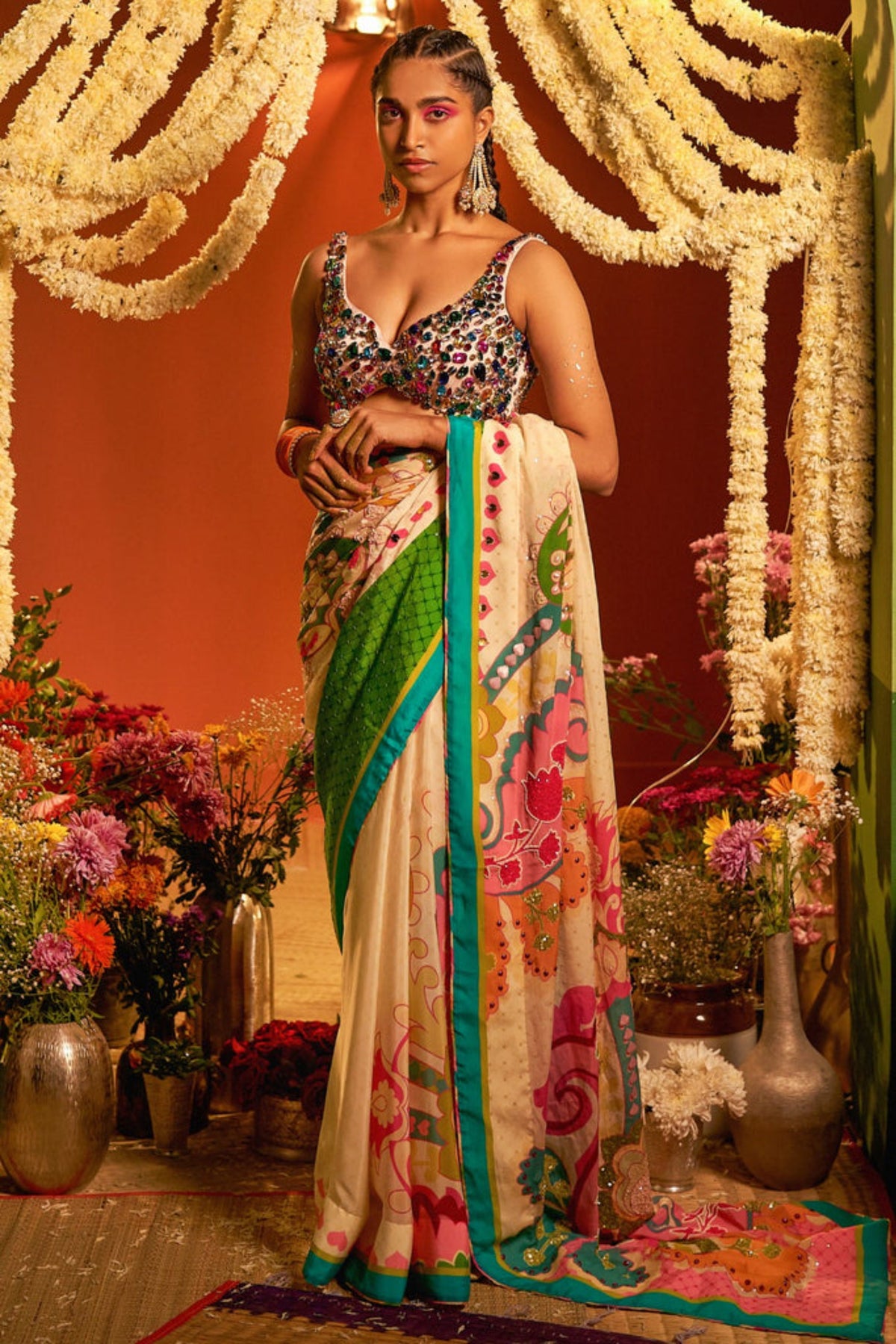 Sky ivory embroidered saree set