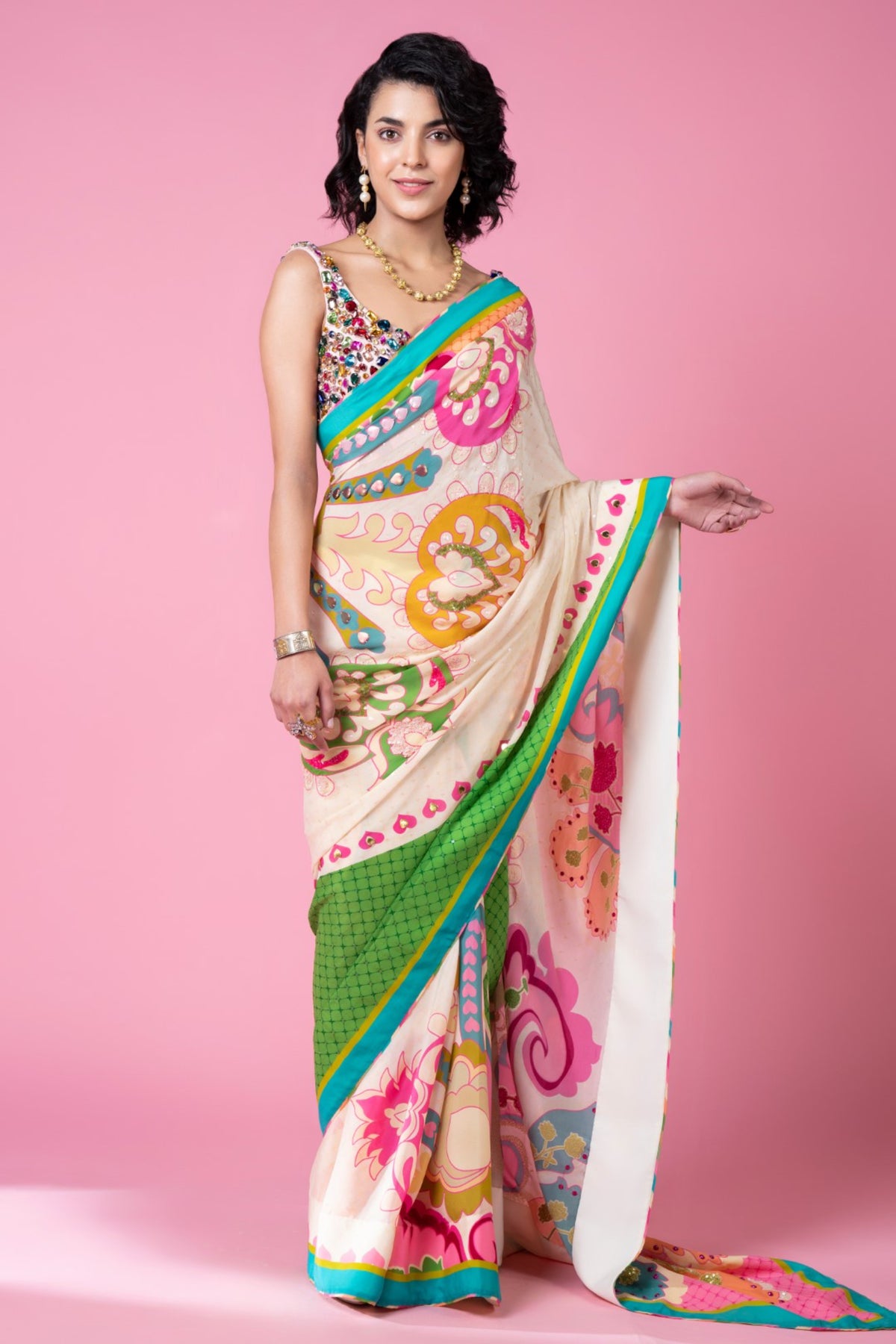 Sky ivory embroidered saree set