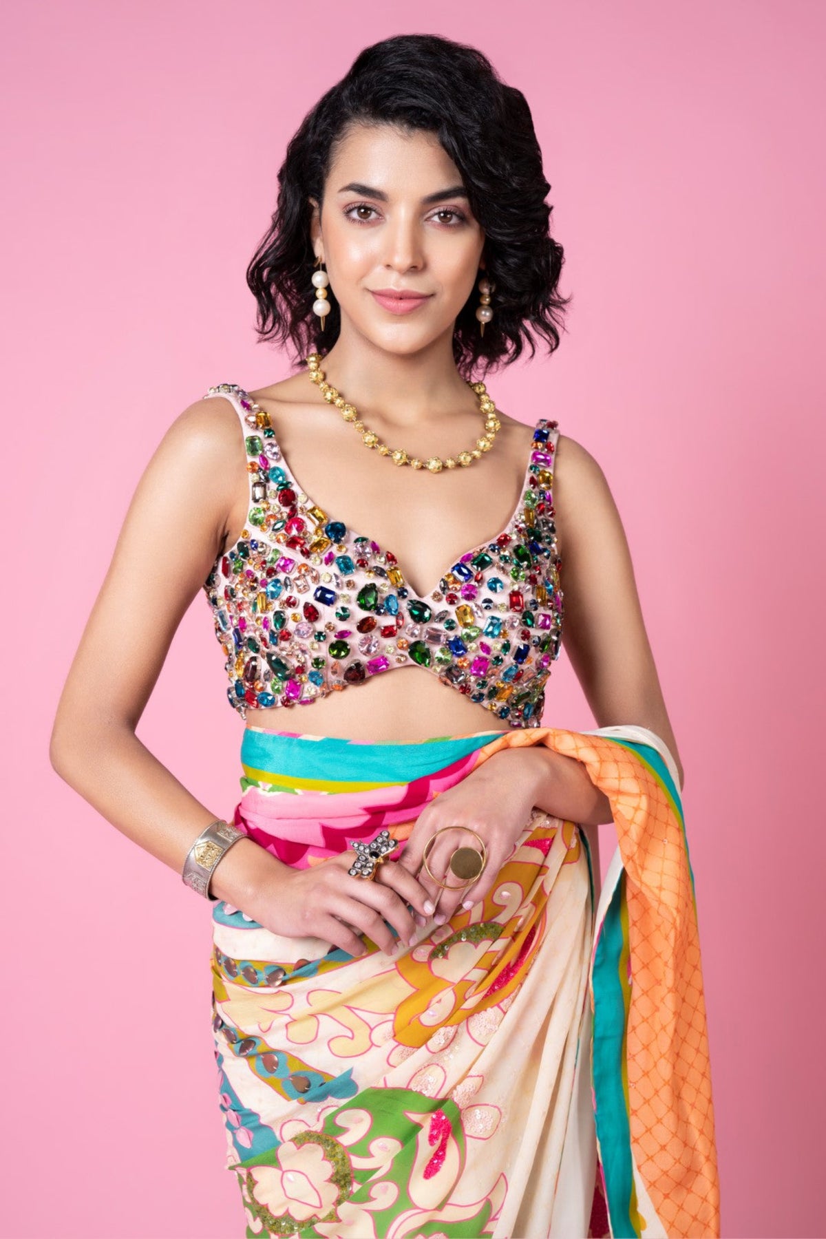 Sky ivory embroidered saree set