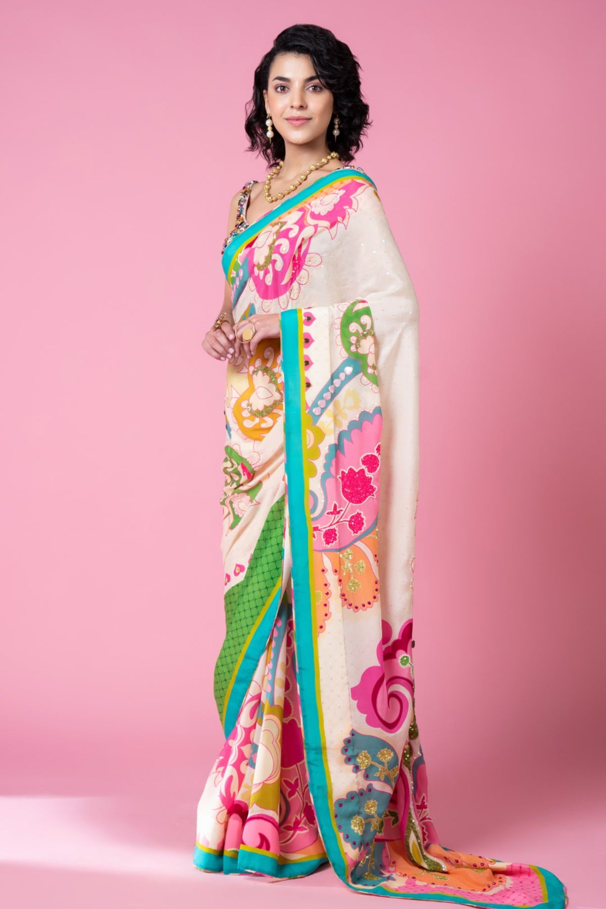 Sky ivory embroidered saree set