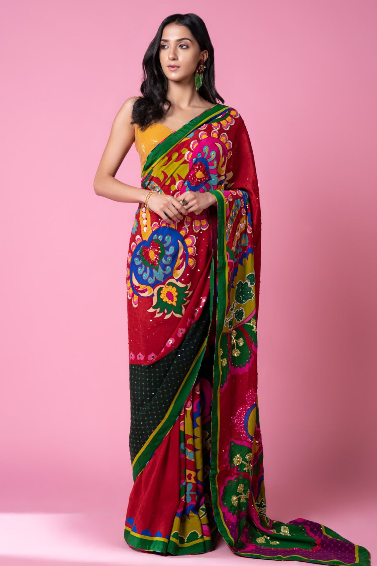 Salsa Red Embroidered Saree Set
