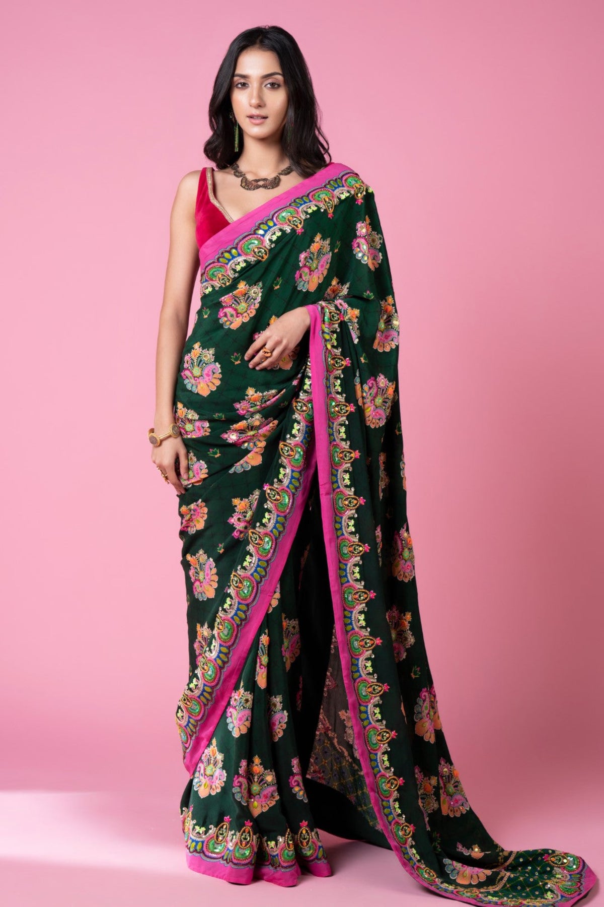 Emerald sea green embroidered saree set