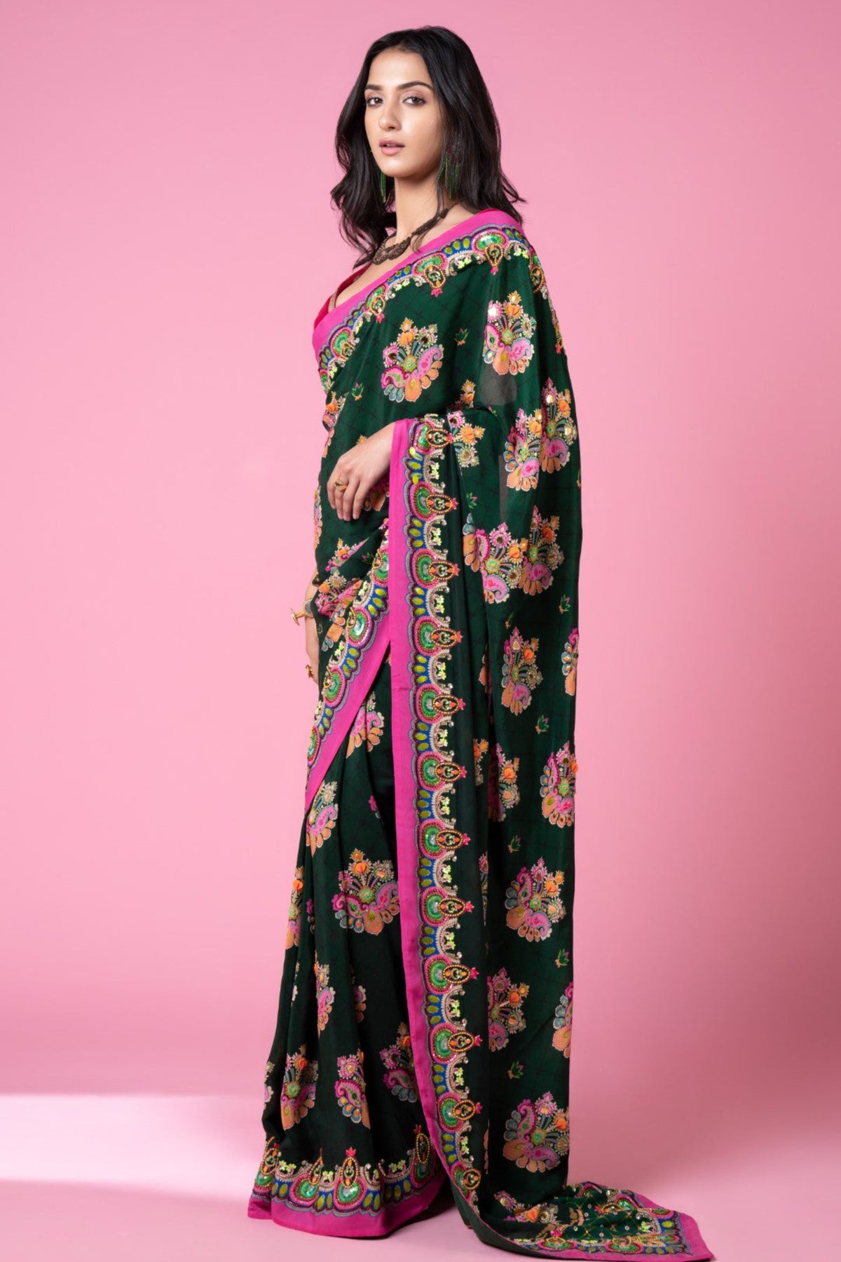 Emerald sea green embroidered saree set