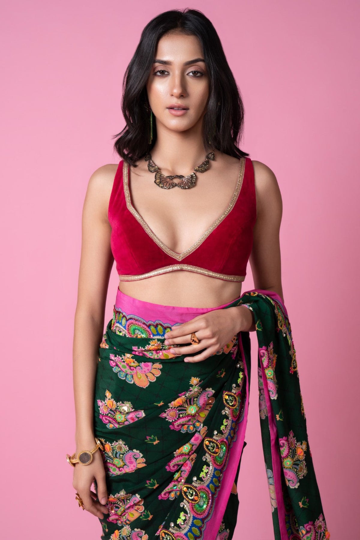 Emerald sea green embroidered saree set