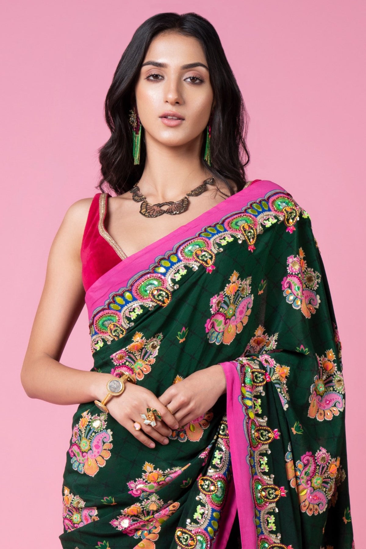 Emerald sea green embroidered saree set