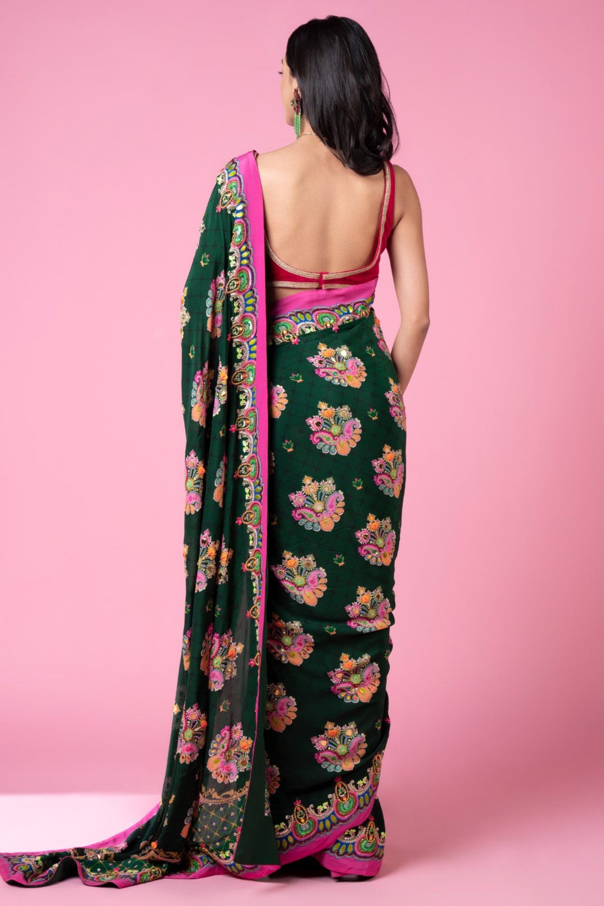 Emerald sea green embroidered saree set