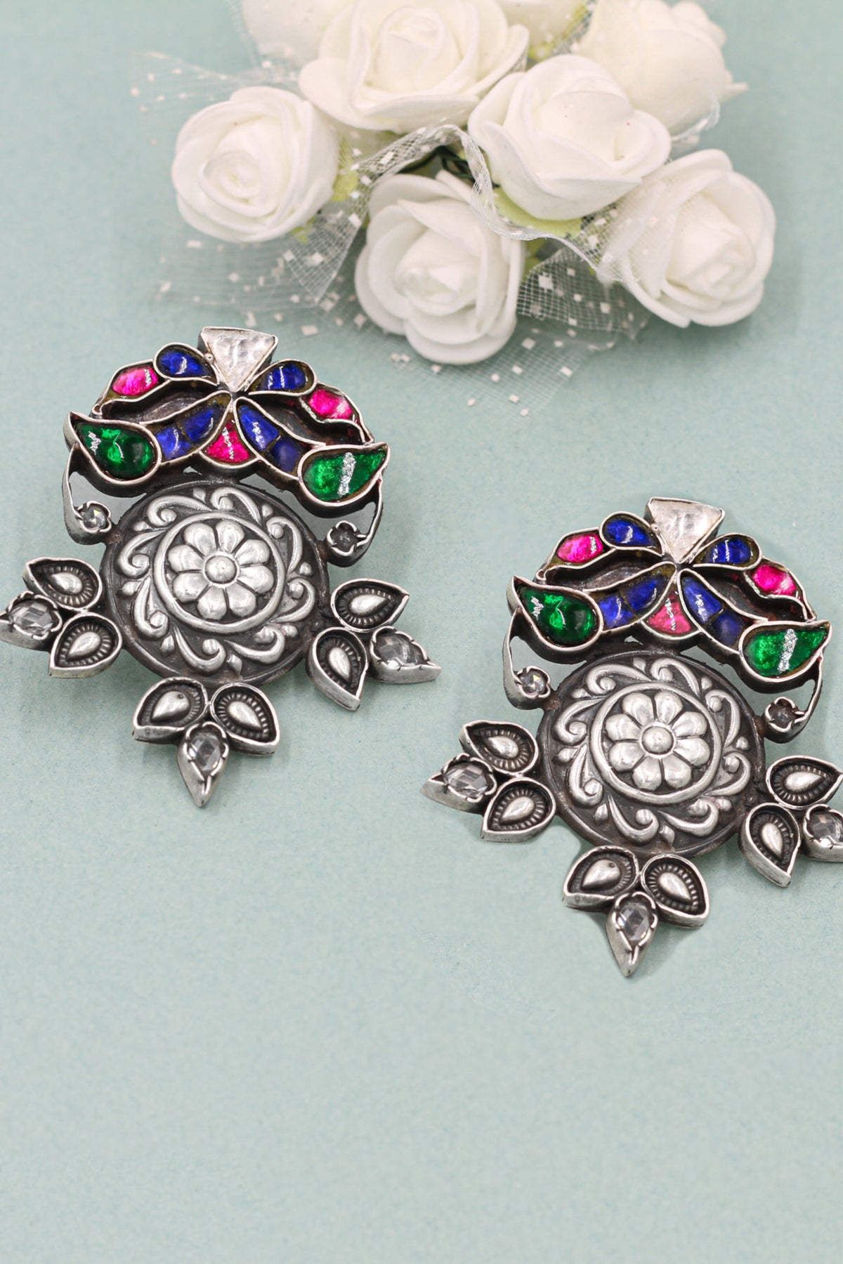 Silver Earrings Studded Colour Stone