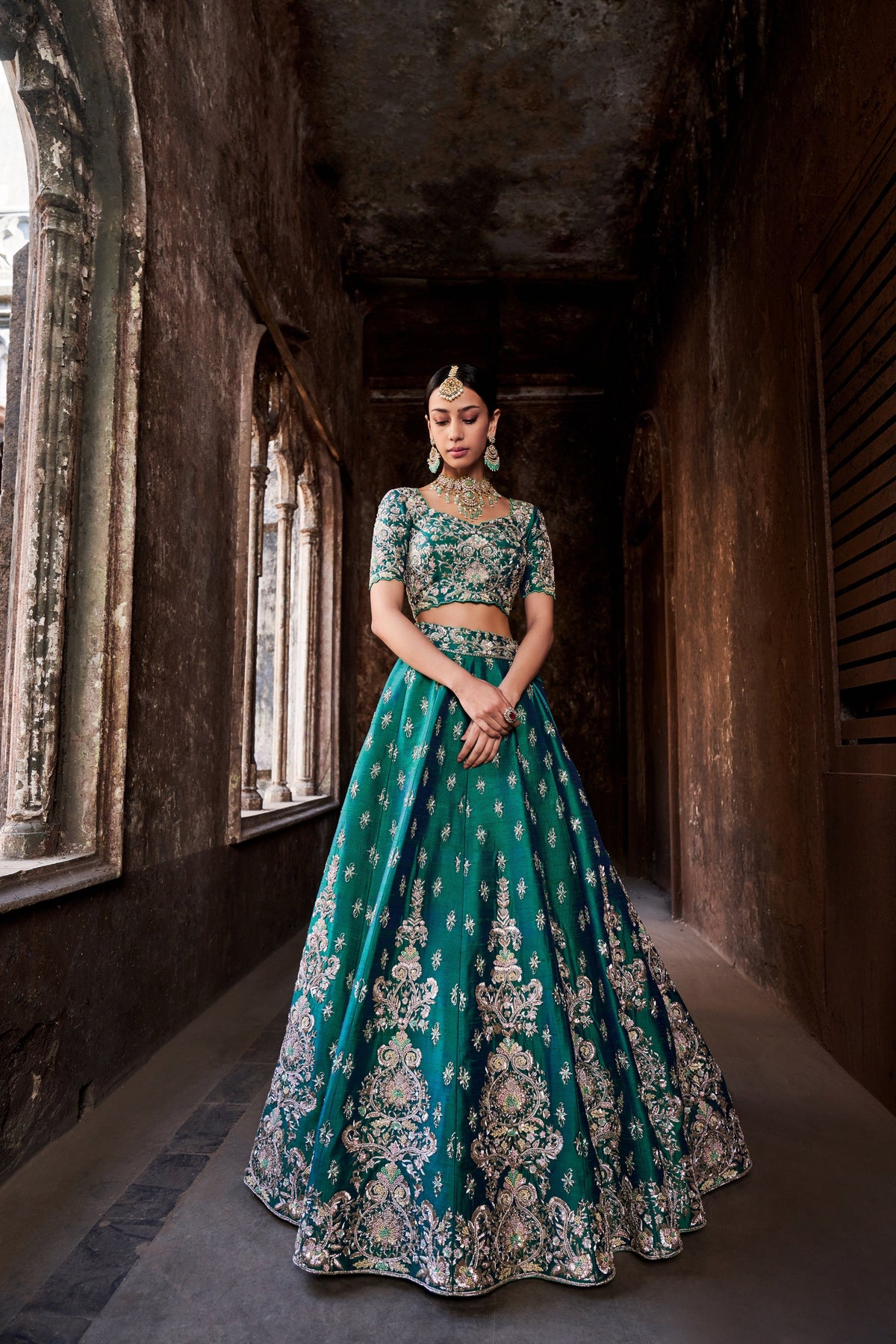 Peacock-green kalidar lehenga