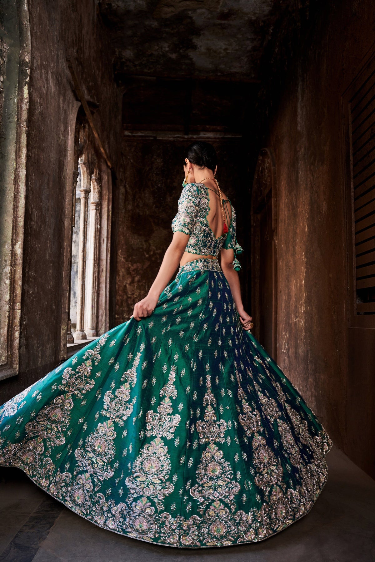 Peacock-green kalidar lehenga
