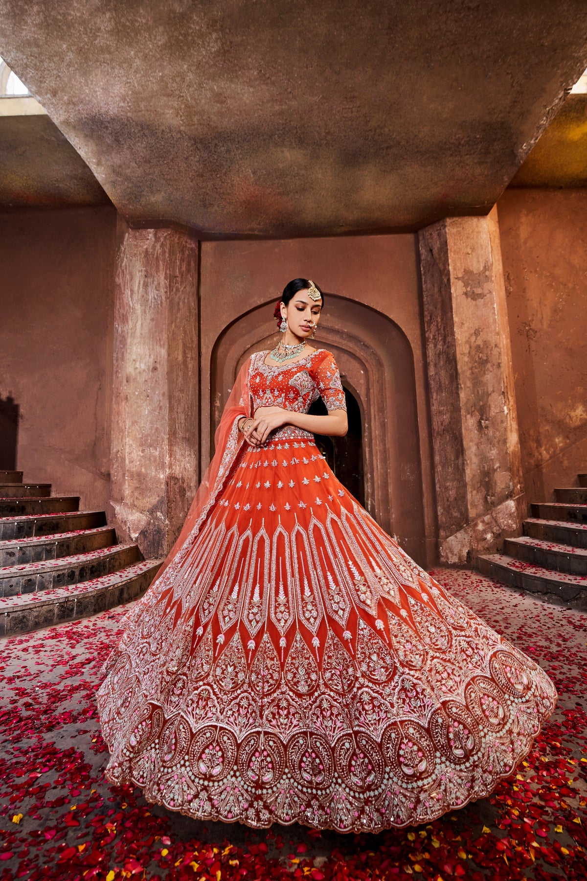 Orange intricate kalidar lehenga