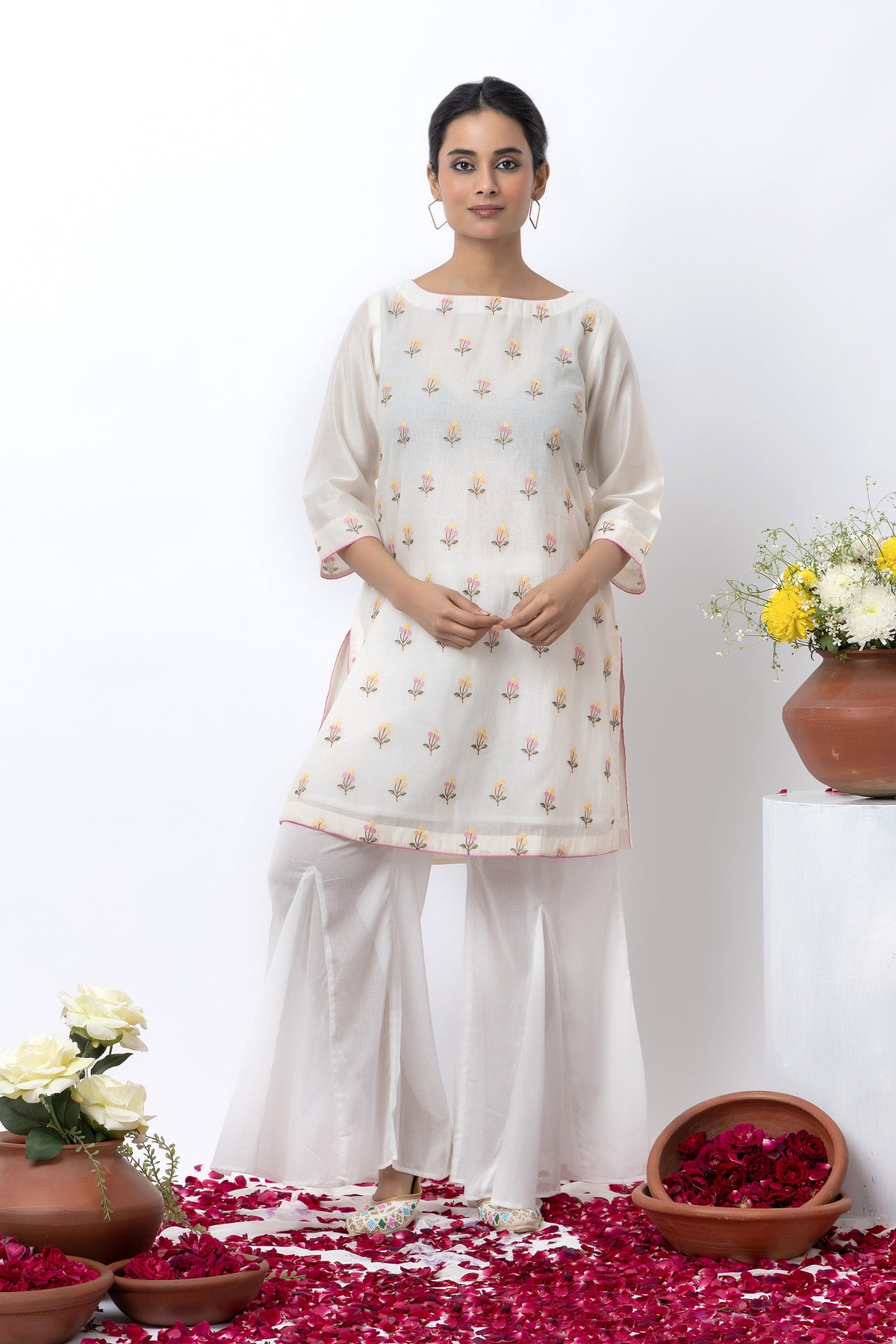 White Embroidered Chanderi Sharara Set