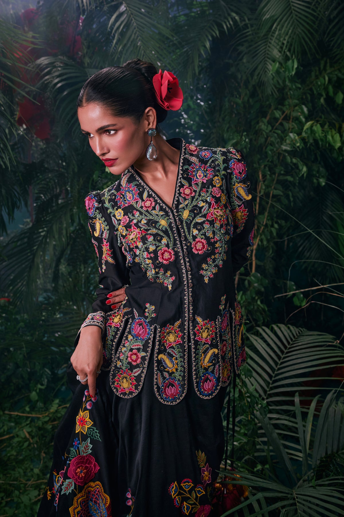 Black Embroidered Slit Detail Jacket