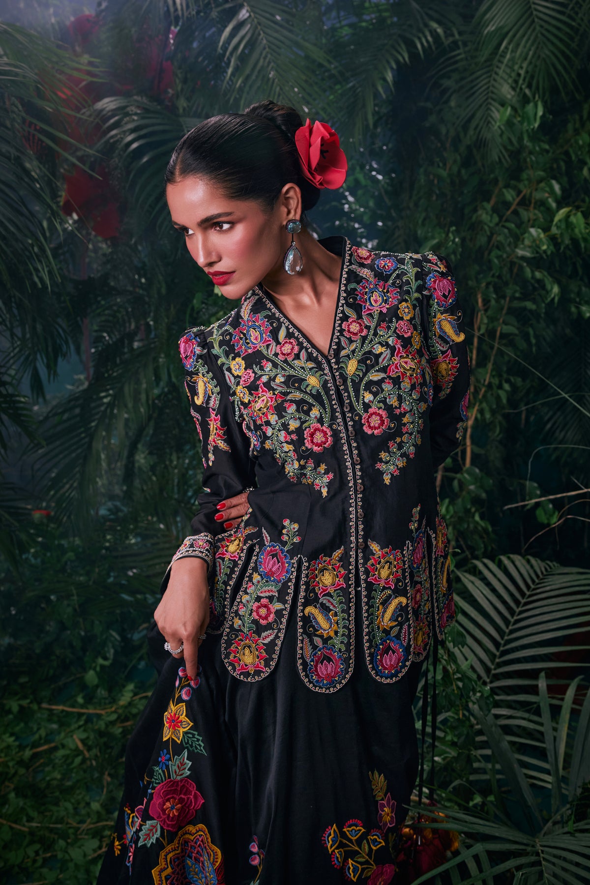 Black Floral Embroidered Layered Lehenga