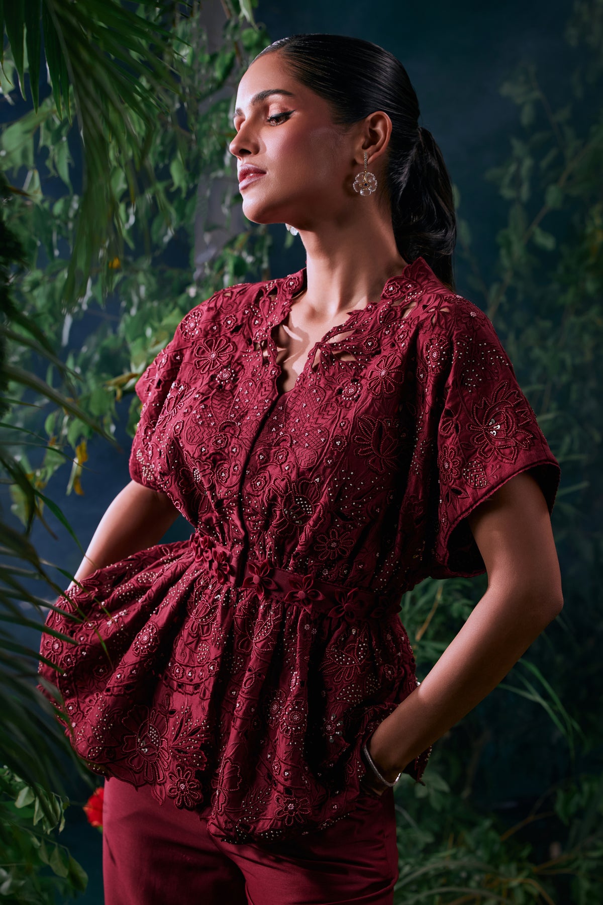 Wine Cutwork Peplum Jacket