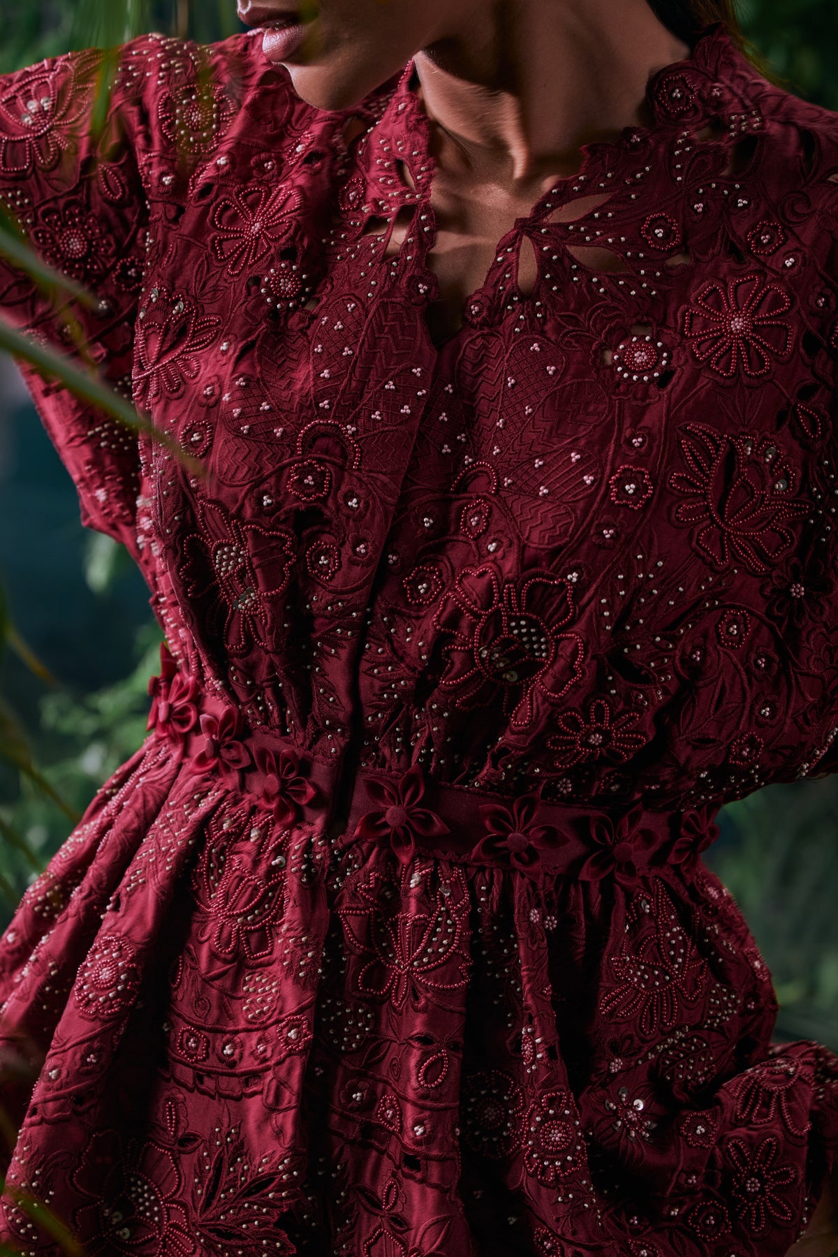 Wine Cutwork Peplum Jacket