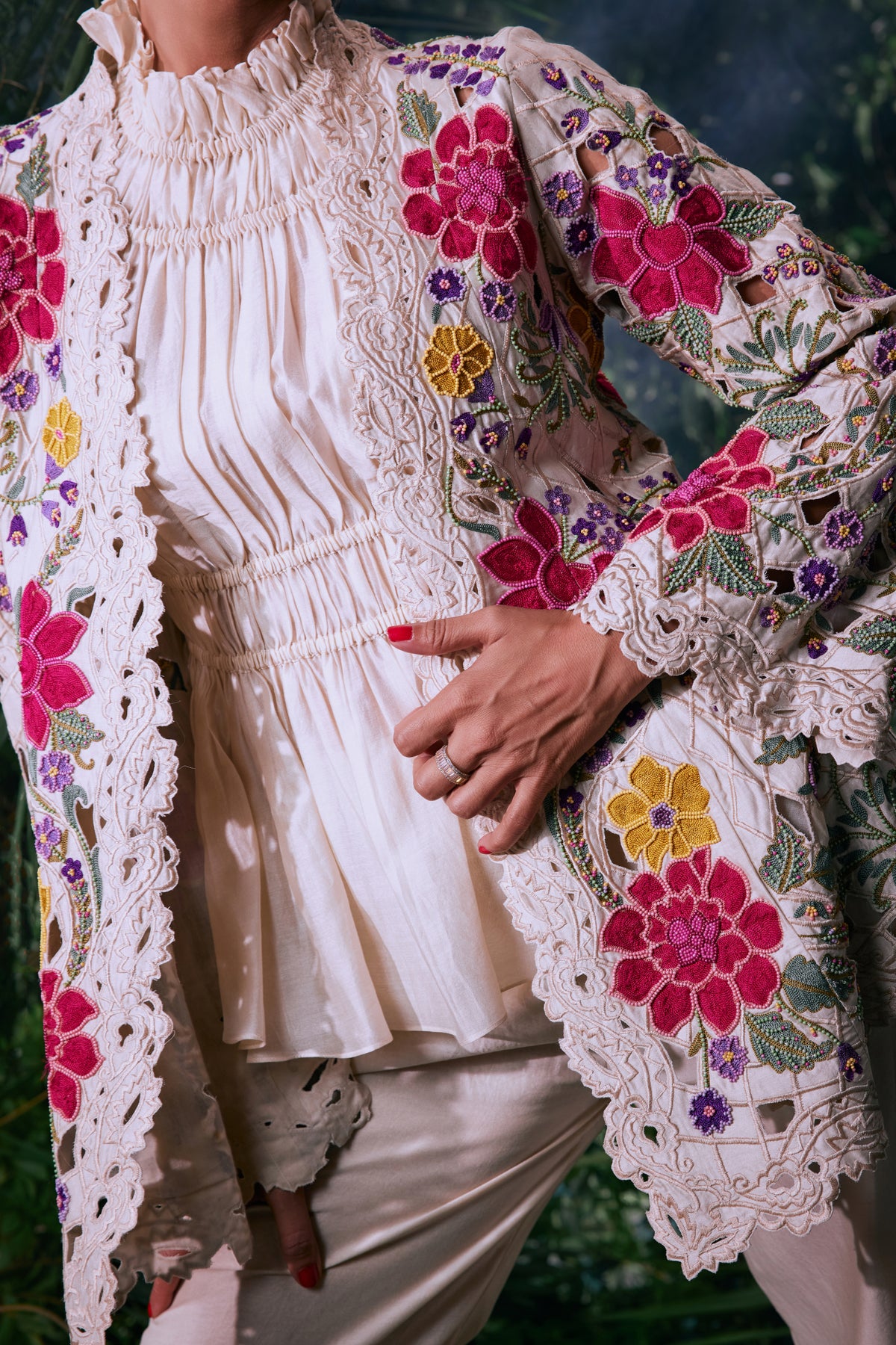 Ivory Floral Embroidered Flared Jacket