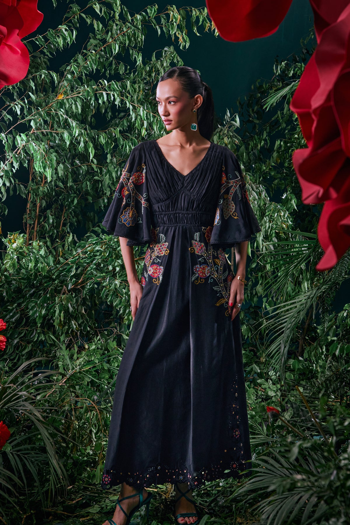 Black Pleated Ruched Dress