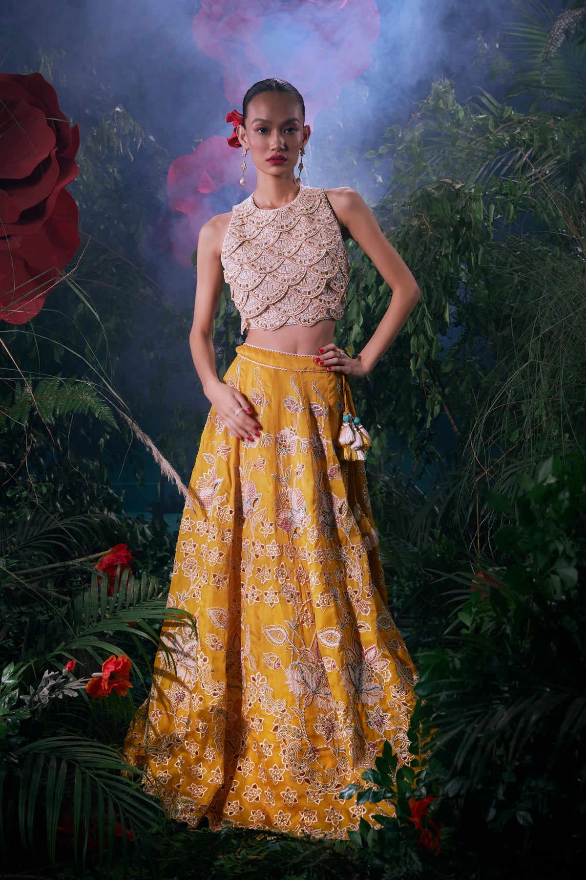 Yellow Contrast Cutwork Lehenga