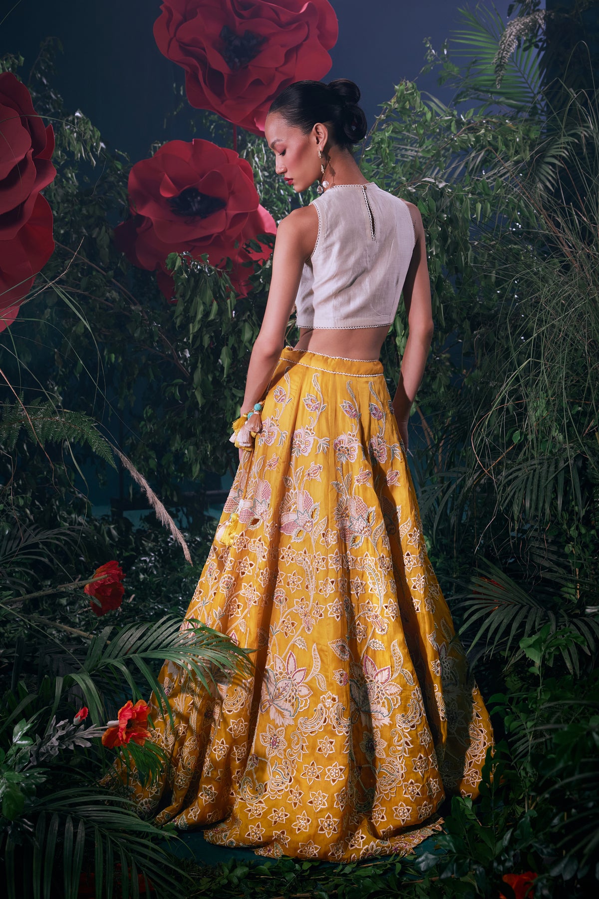 Yellow Contrast Cutwork Lehenga