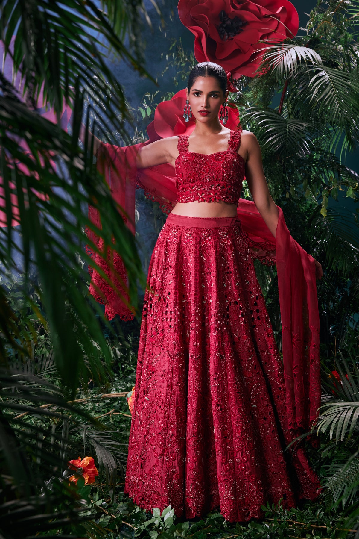 Red Tonal Cutwork Lehenga