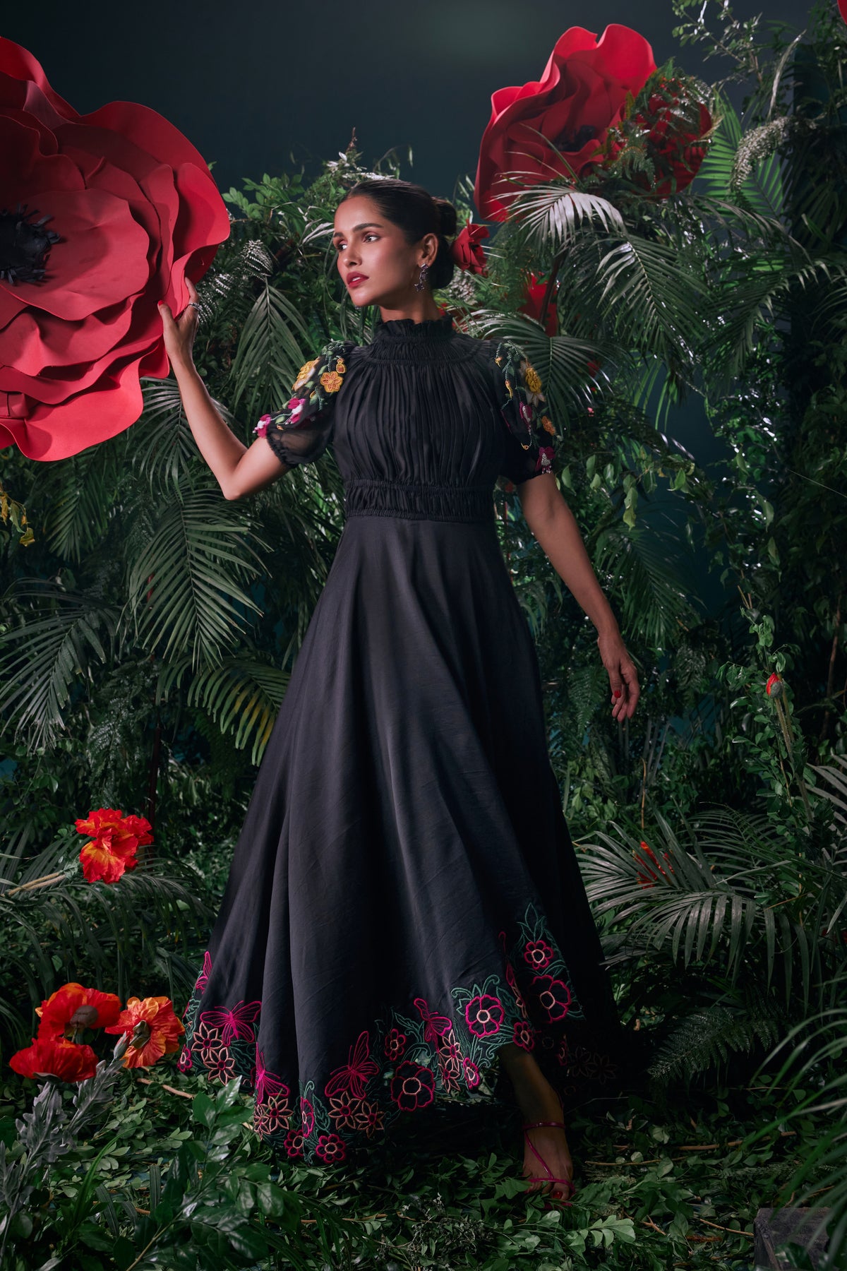Black Floral Embroidered Ruched Dress