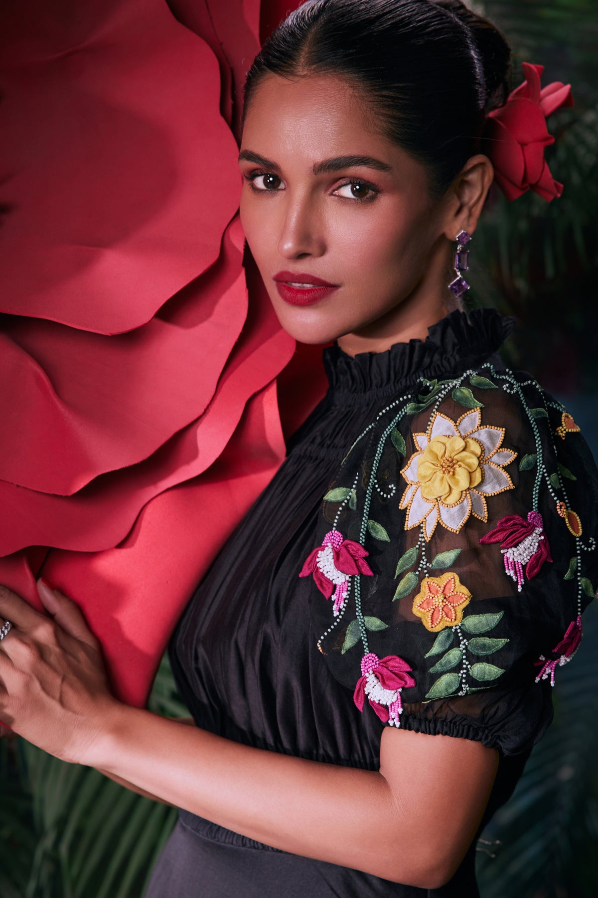 Black Floral Embroidered Ruched Dress