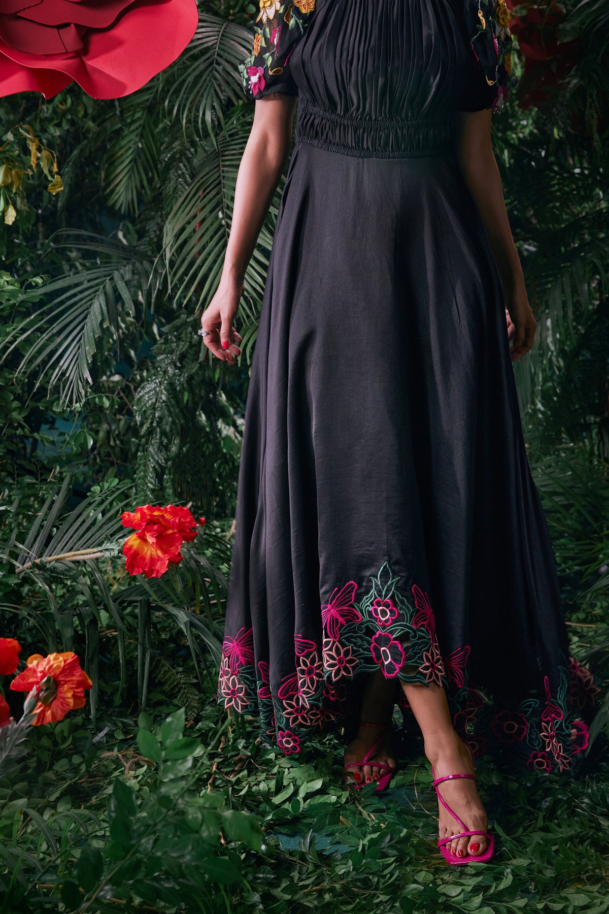 Black Floral Embroidered Ruched Dress
