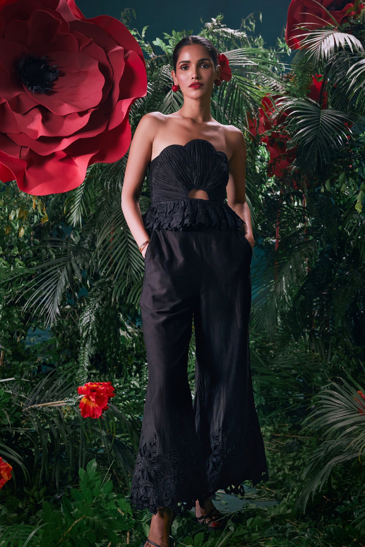 Black Floral Ruched Bustier