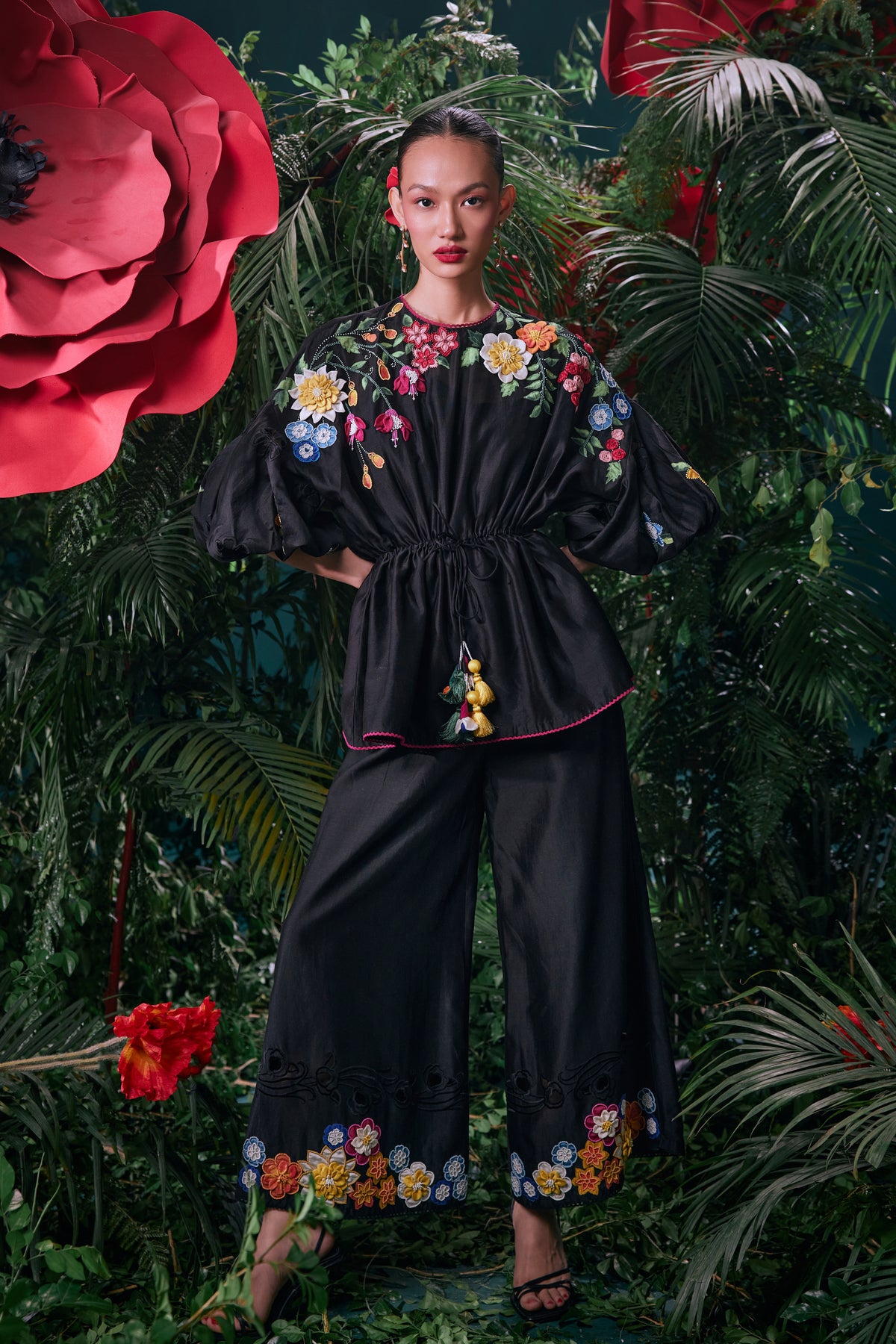Black 3d Floral Pants