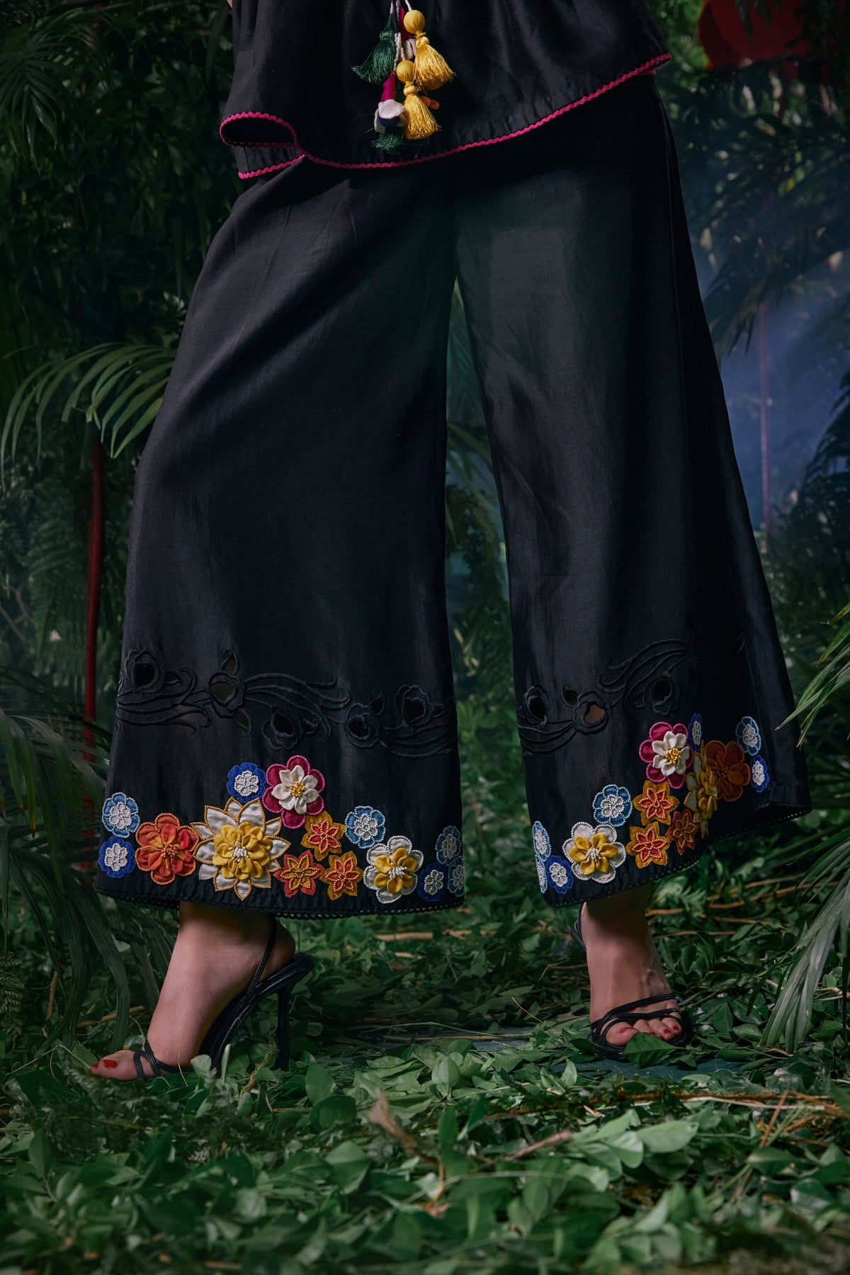 Black 3d Floral Pants