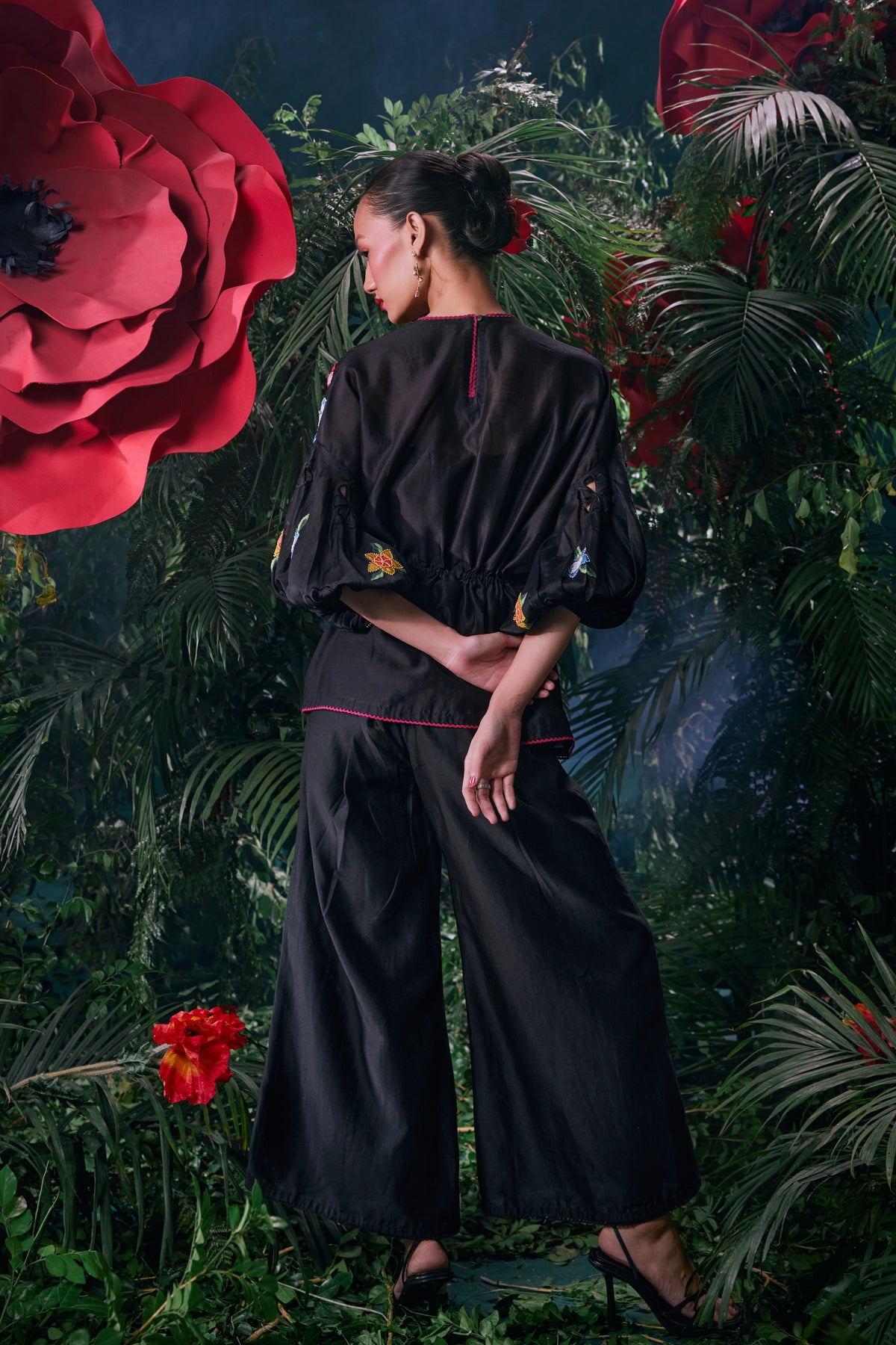 Black 3d Floral Pants