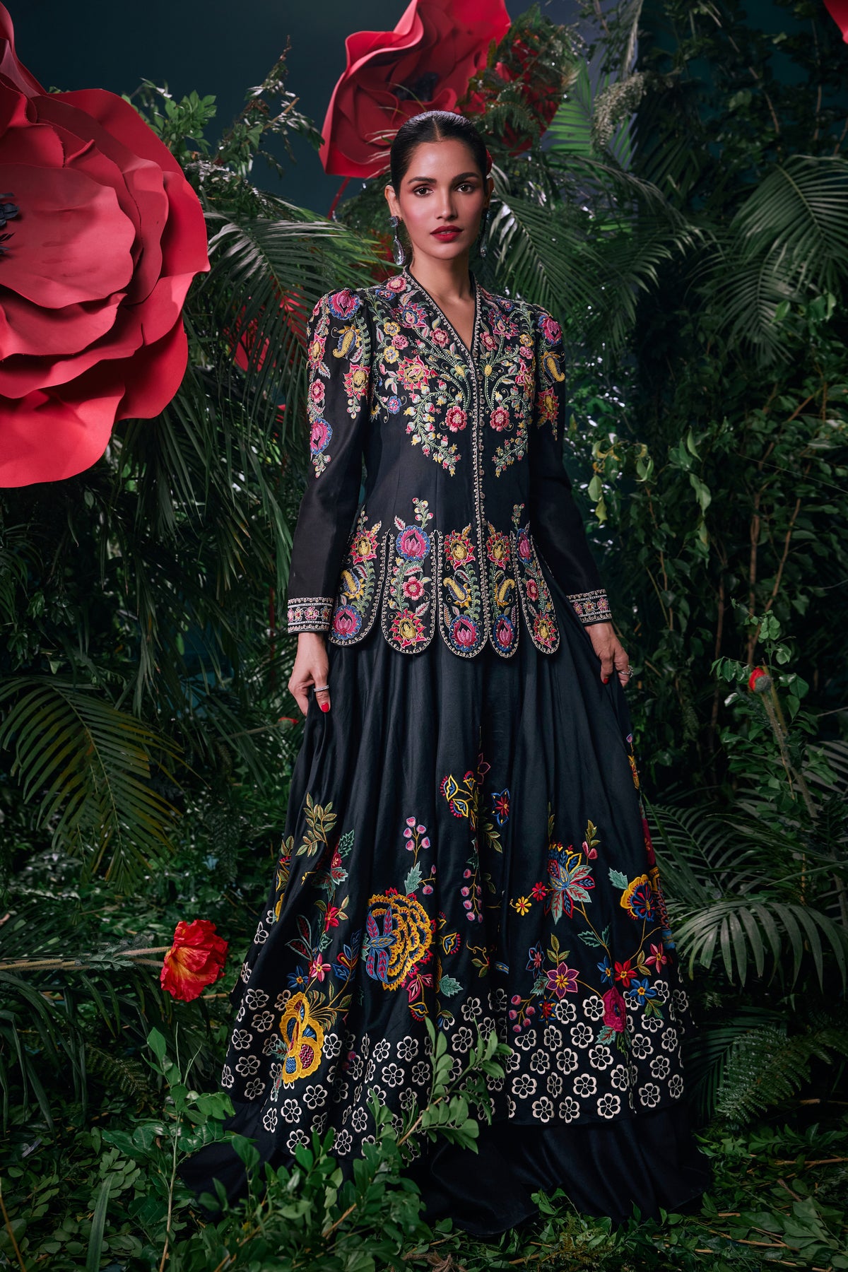 Black Floral Embroidered Layered Lehenga