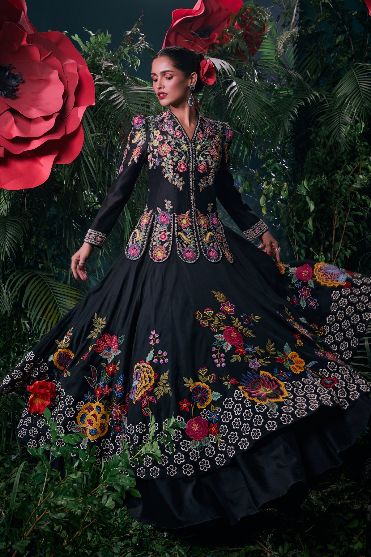 Black Floral Embroidered Layered Lehenga