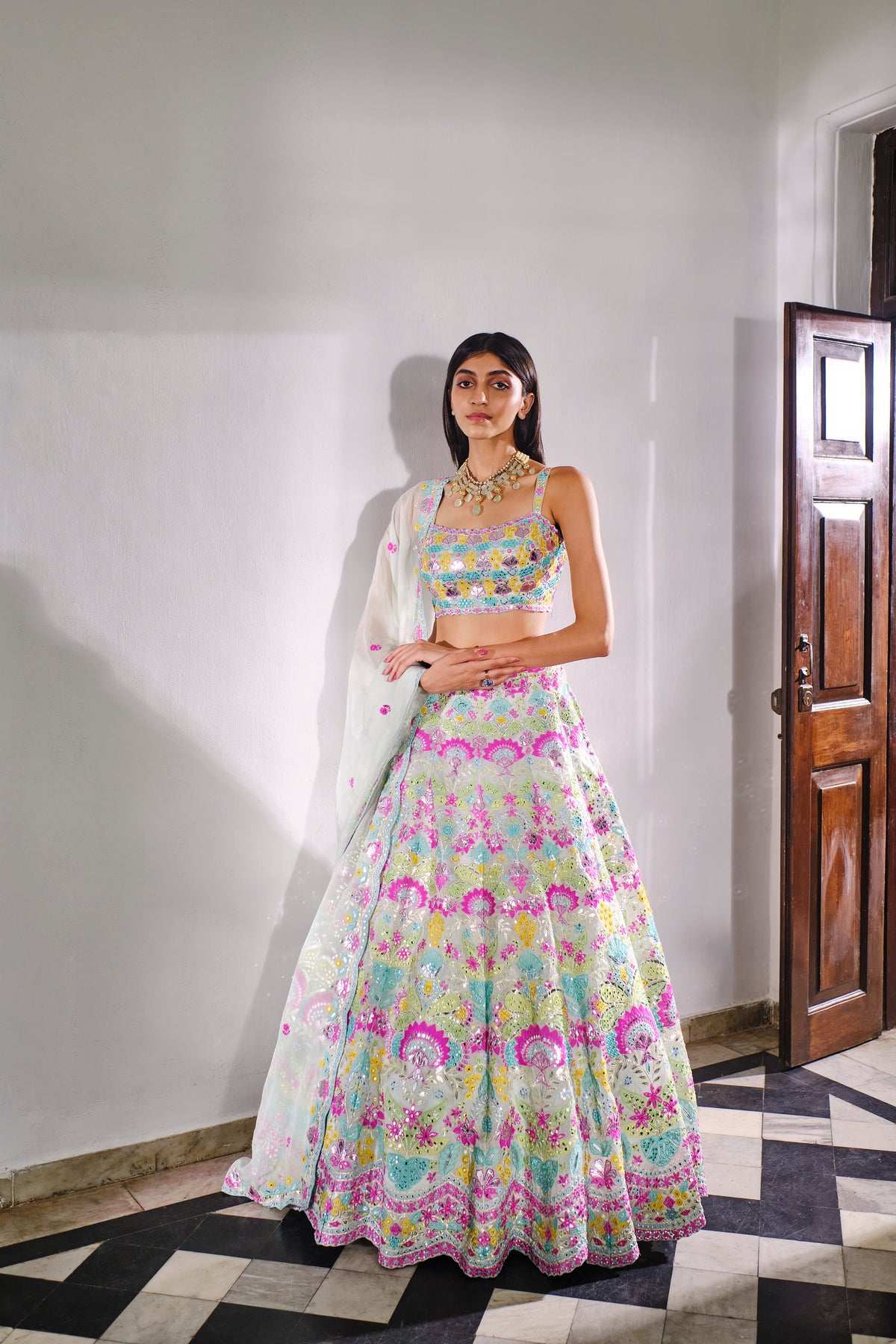 Aqua Applique Lotus Lehenga