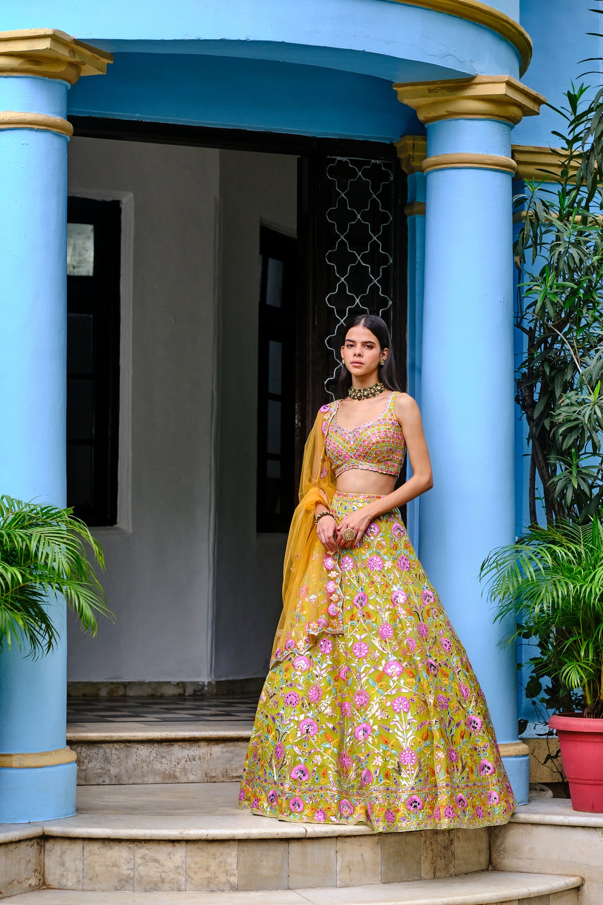 Lime Green Floral Lehenga