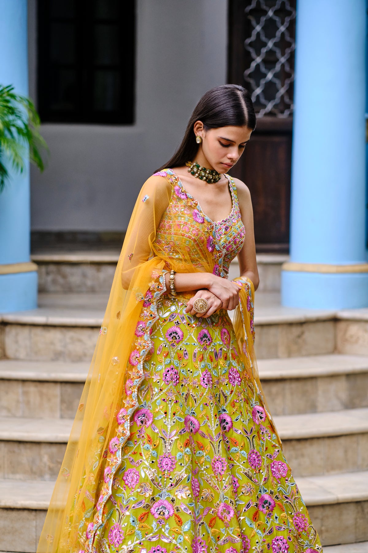 Lime Green Floral Lehenga