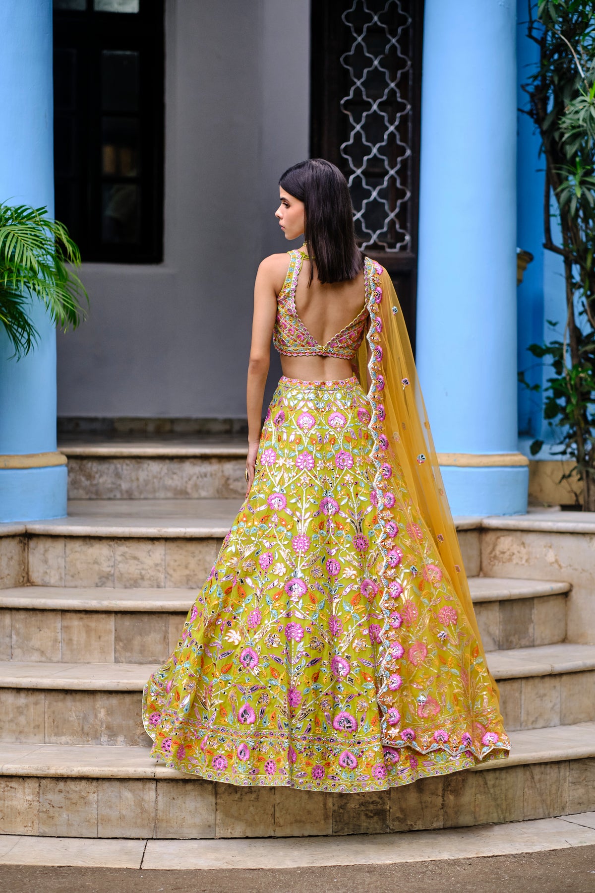 Lime Green Floral Lehenga