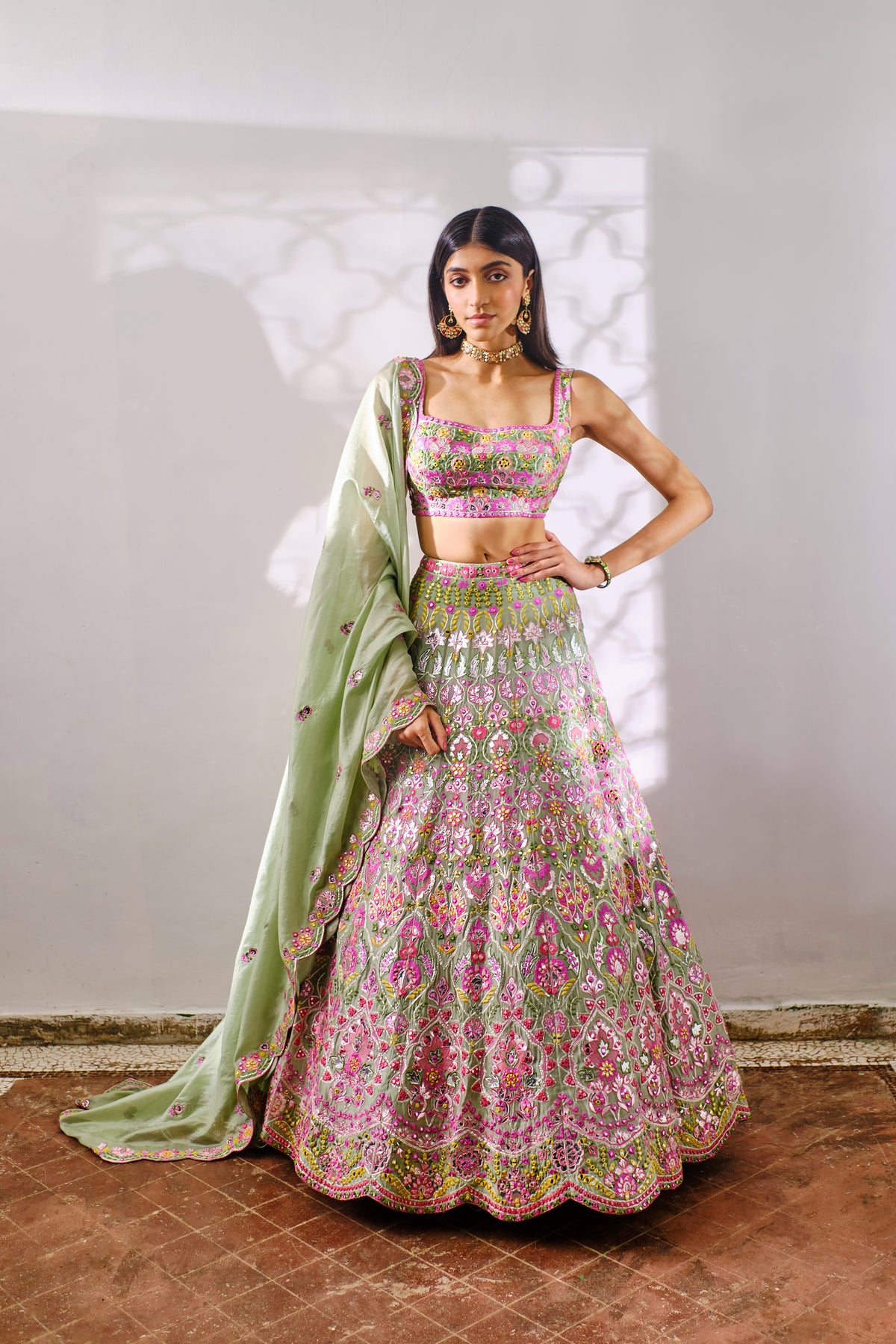 Sage Green Floral Silk Lehenga
