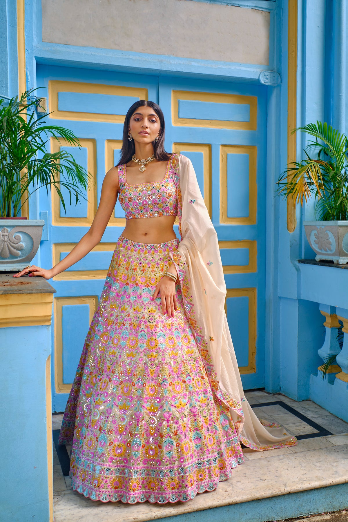 Ivory/lime Floral Lehenga