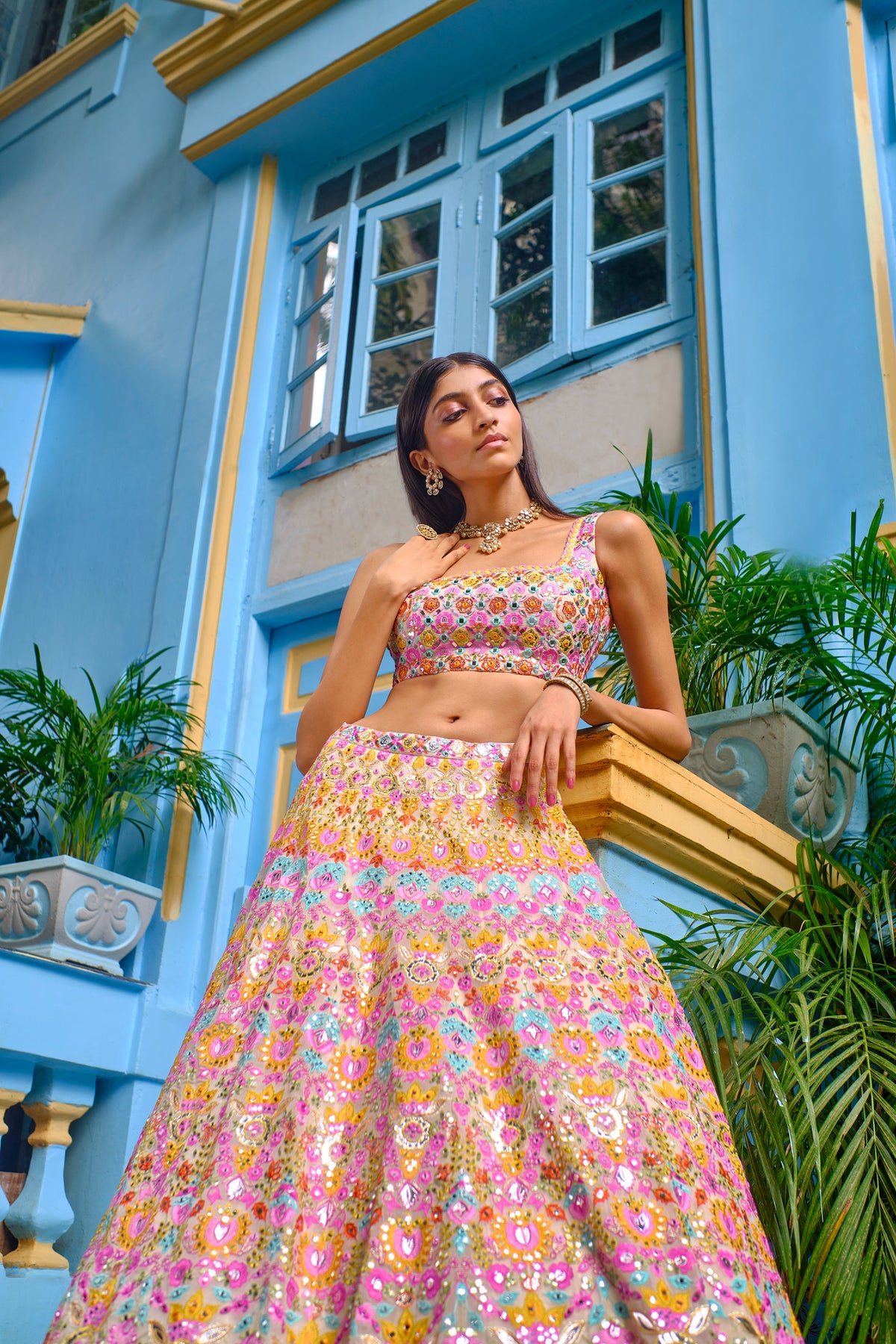 Ivory/lime Floral Lehenga