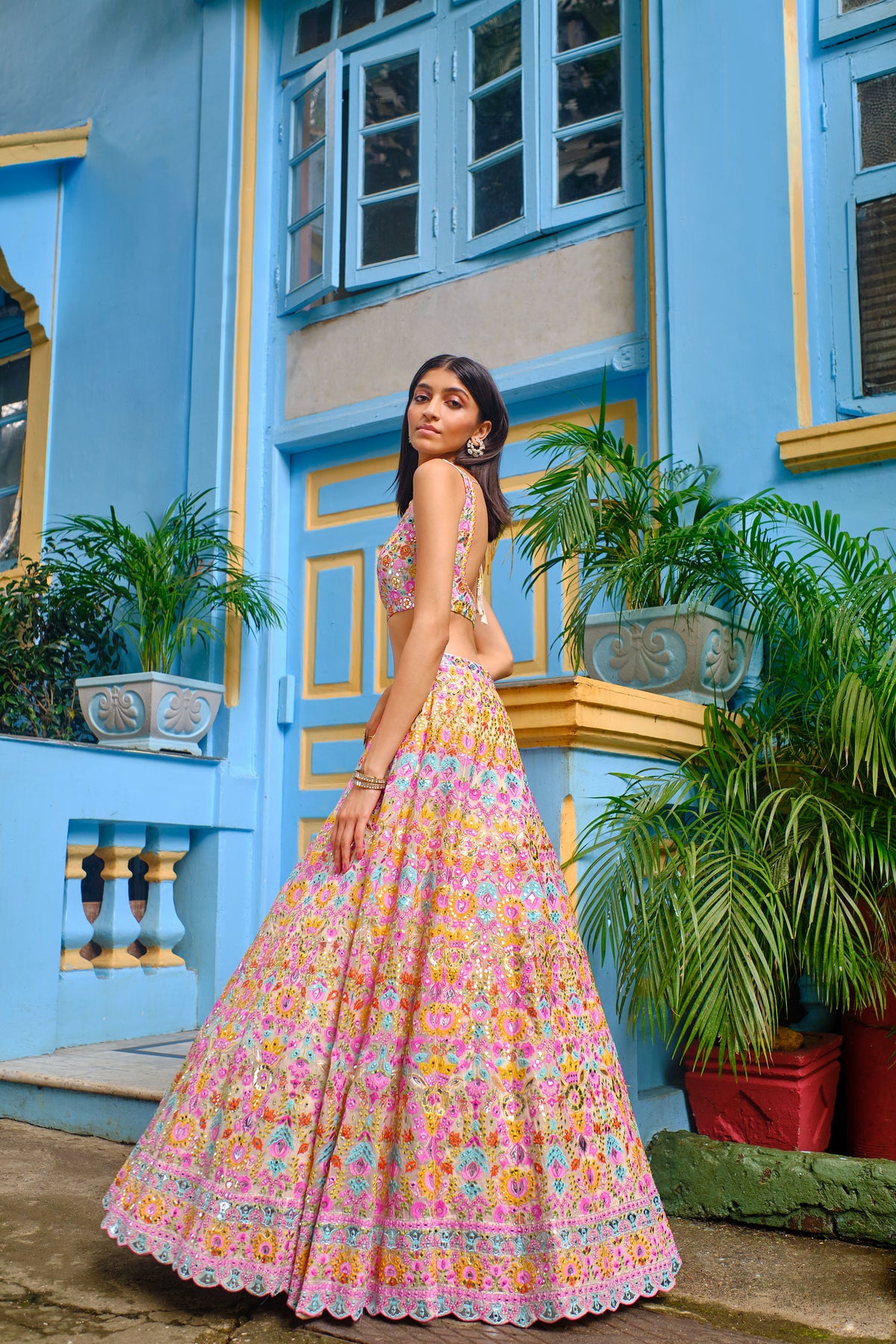 Ivory/lime Floral Lehenga