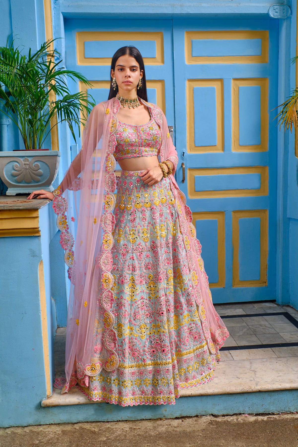 Aqua Scallop Pearl Lehenga