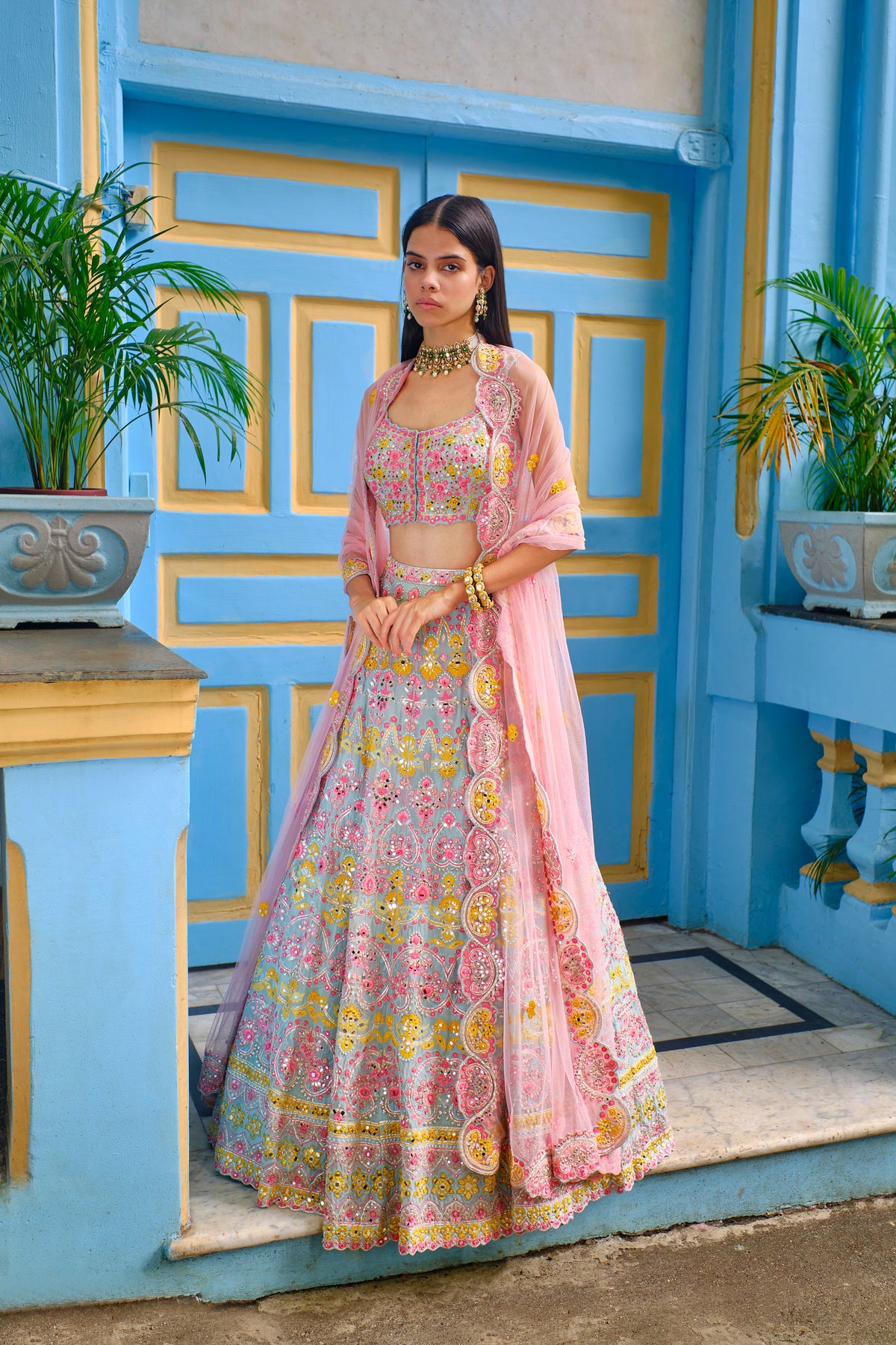 Aqua Scallop Pearl Lehenga