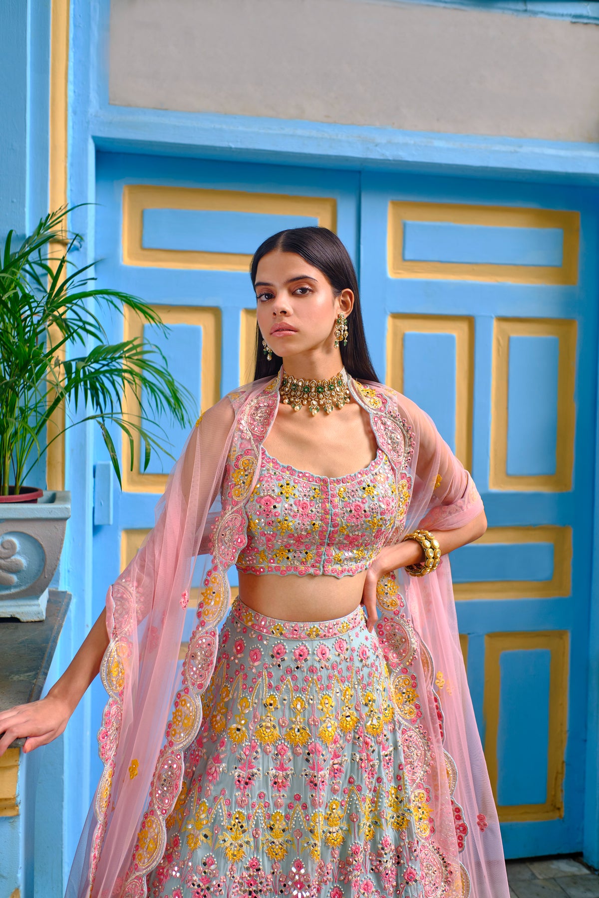 Aqua Scallop Pearl Lehenga